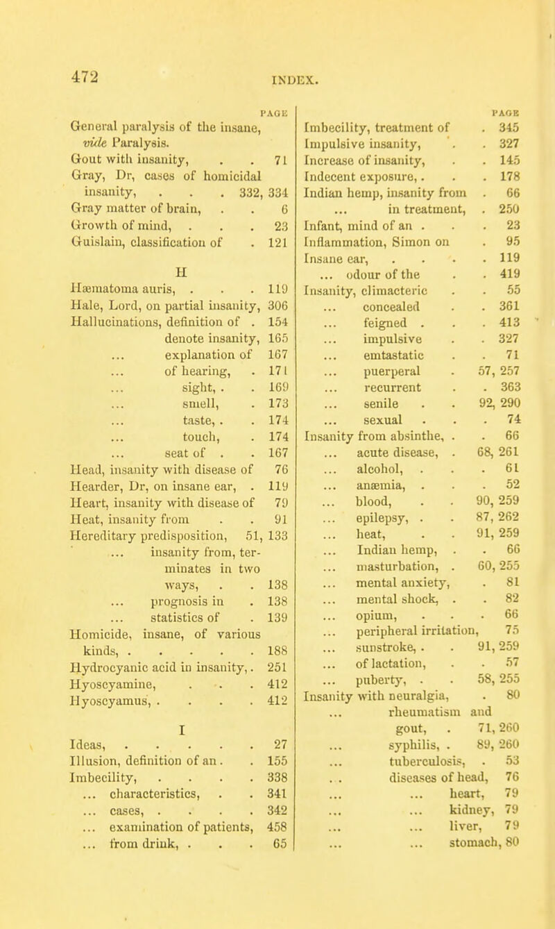 PAGE General paralysis of the insane, vide I'aralysis. Gout witli insanity, . . 71 Gray, Dr, cases of homicidal insanity, . . . 332, 334 Gray matter of brain, . . 6 Growth of mind, . . .23 Guislain, classification of .121 H Haematoma auris, . . .119 Hale, Lord, on partial insanity, 306 Hallucinations, definition of . 154 denote insanity, 165 explanation of 167 of hearing, . 171 sight, . . 169 smell, . 173 taste, . .174 touch, . 174 seat of . . 167 Head, insanity with disease of 76 Hearder, Dr, on insane ear, . 119 Heart, insanity with disease of 79 Heat, insanity from . . 91 Hereditary predisposition, 51, 133 insanity from, ter- minates in two ways, . . 138 prognosis in . 138 statistics of . 139 Homicide, insane, of various kinds, 188 Hydrocyanic acid in insanity,. 251 Hyoscyamine, . -. .412 Hyoscyamus, . . . .412 I Ideas, . ... . .27 Illusion, definition of an . . 155 Imbecility, .... 338 ... characteristics, . . 341 ... cases, .... 342 ... examination of patients, 458 ... from driuk, . . .65 PAGE Imbecility, treatment of 345 Impulsive insanity, 327 Increase ot insanity, . 145 Indecent exposure,. . 178 Indian hemp, insanity from 66 in treatment, . 250 Infant, mind of an . Inflammation, Simon on Insane ear, . 119 ... odour of the Insanity, climacteric 55 concealed . 361 feigned . 413 impulsive . 327 emtastatic 71 puerperal 0/, JO/ recurrent . 363 senile 92, 290 sexual • • Insanity from absinthe, . 6o acute disease, . bo, £OL alcohol, 61 anaemia, blood, uu, joy epilepsy, . Q7 OCO o1, £0£ heat, 91, 259 Indian hemp, . . 66 masturbation, . 60, 255 mental anxiety, . 81 mental shock, . . 82 opium, . 66 peripheral irritation, 75 sunstroke, . 91, 259 of lactation, . 57 puberty, . 58, 255 Insanity with neuralgia, . 80 rheumatism and gout, . 71, 260 syphilis, . 89, 260 tuberculosis, . 53 diseases of head, 76 heart, 79 kidney, 79 liver, 79 stomach, 80