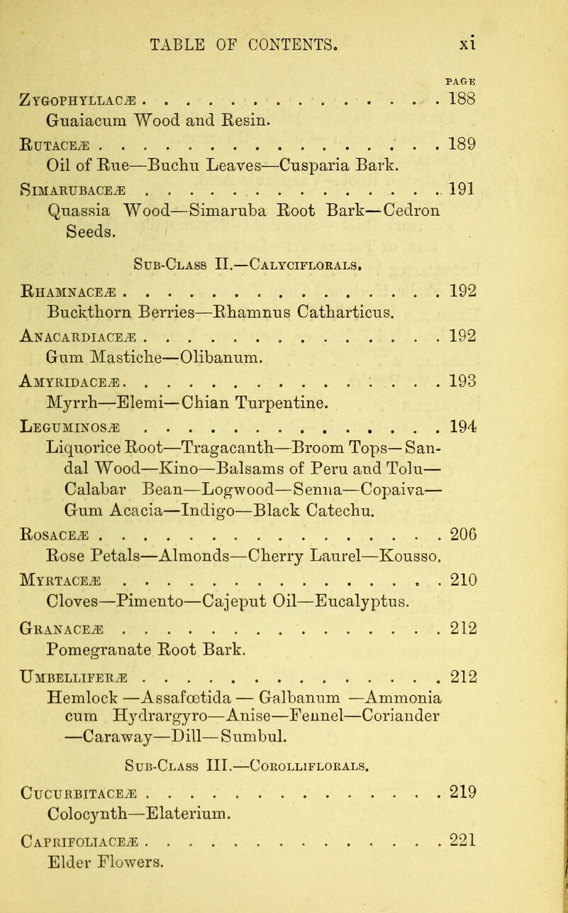 PAGE Z YGOPH YLLACiE 188 Guaiacum Wood and Resin. RUTACEiE 189 Oil of Rue—Buchu Leaves—Cnsparia Bark. SIM ARTJBACEiE . .191 Qnassia Wood—Simaruba Root Bark—Cedron Seeds. Sub-Class II.—Calyciflorals. Rhamnace^e 192 Buckthorn Berries—Rhamnus Catharticus. AnacardiacEjE 192 Gum Mastiche—Olibanum. Amyrldace^e 193 Myrrh—Elemi—Chian Turpentine. LEGTJMINOSiE 194 Liquorice Root—Tragacanth—Broom Tops—San- dal Wood—Kino—Balsams of Peru and Tolu— Calabar Bean—Logwood—Senna—Copaiva— Gum Acacia—Indigo—Black Catechu. RoSACEiE 206 Rose Petals—Almonds—Cherry Laurel—Kousso. Myhtacete 210 Cloves—Pimento—Cajeput Oil—Eucalyptus. Granaceje 212 Pomegranate Root Bark. Umbellifer.jE 212 Hemlock —Assafcetida — Galbanum —Ammonia cum Hydrargyro—Anise—Fennel—Coriander —C ara way—D ill— S umbul. Sub-Class III.—Corolliflorals. Cucurbitacete 219 Colocynth—Elaterium. Caprifoliace^e 221 Elder Flowers.