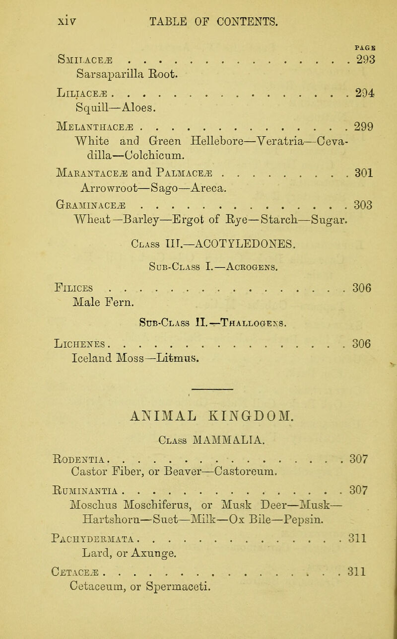 PAGE Smilacejb 293 Sarsaparilla Root. LlLIACEJB 294 Squill—Aloes. Melanthace^e 299 White and Green Hellebore—Yeratria—Oeva- dilla—Colchicum. Marantacejs and Palmace^ 301 Arrowroot—Sago—Areca. GrAMINACEjE 303 Wheat—Barley—Ergot of Rye—Starch—Sugar. Class TIT.—ACOTYLEDONES. Sub-Class I.—Acrogens. Filices . . . . . . . . 306 Male Fern. Sub-Class II.—Thallogexs. Lichenes 306 Iceland Moss—Litmus. ANIMAL KINGDOM. Class MAMMALIA. RODENTIA ' 307 Castor Fiber, or Beaver—Castoreum. RUMINANTIA 307 Moschus Moschiferus, or Mnsk Deer—Musk— Hartshorn—Suet—Milk—Ox Bile—Pepsin. Pachyderm at a 311 Lard, or Axnnge. Cetace^e 311 Cetaceum, or Spermaceti.