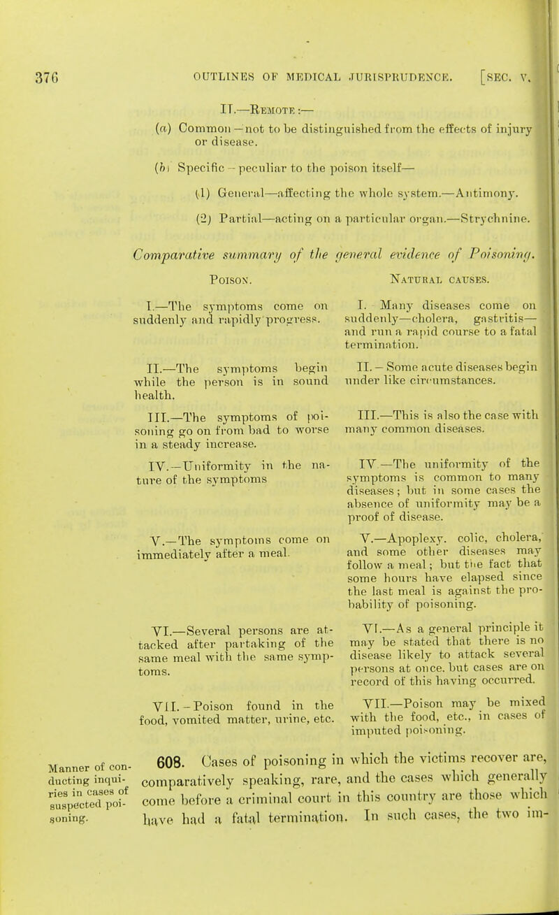 IT.—Kemote :— (a) Common — not to be distinguished from the effects of injury or disease. (b) Specific - peculiar to the poison itself— (1) General—affecting the whole system.—Antimony. (2) Partial—acting on a particular organ.—Strychnine. Comparative summary of the general evidence of Poisoning. Poison. Natural causes. I.—The symptoms come on suddenly and rapidly progress. II. —The symptoms begin while the person is in sound health. III. —The symptoms of poi- soning £0 on from bad to worse in a steady increase. IV. —Uniformity in the na- ture of the symptoms V.—The symptoms come on immediatelv after a meal. VI. —Several persons are at- tacked after partaking of the same meal with the same symp- toms. VII. -Poison found in the food, vomited matter, urine, etc. I. Many diseases come on suddenly—cholera, gastritis— and run a rapid course to a fatal termination. II. — Some acute diseases begin under like circumstances. III.—This is also the case with many common diseases. IV—The uniformity of the symptoms is common to many diseases; but in some cases the absence of uniformity may be a proof of disease. V. —Apoplexy, colic, cholera, and some other diseases may follow a meal; but ti>e fact that some hours have elapsed since the last meal is against the pro- bability of poisoning. VI. —As a general principle it may be stated that there is no disease likely to attack several persons at once, but cases are on record of this having occurred. VII. —Poison may be mixed with the food, etc., in cases of imputed poisoning. Manner of con- 608. Cases of poisoning in which the victims recover are, ducting inqui- comparatively speaking, rare, and the cases which generally BUfl^oted po? come before a criminal court in this country are those which soning. },;vve had a fatal termination. In such cases, the two im-