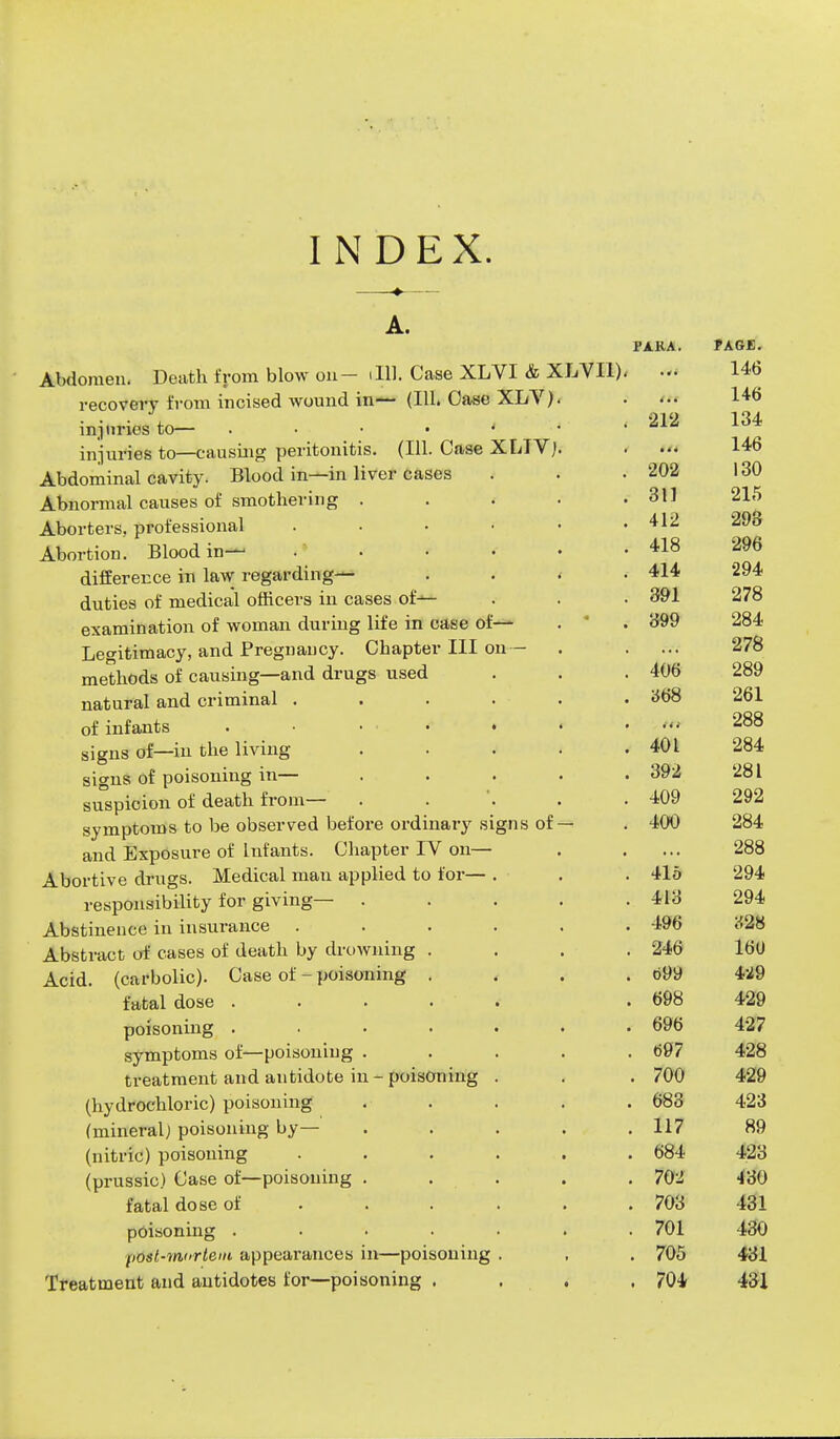 INDEX. A. PARA. TAGE. Abdomen. Death from blow on- till. Case XLVI & XLVI1). - 146 recovery from incised wound in— (111. Case XLV). . ... 146 injuries to— • 212 134 injuries to—causing peritonitis. (111. Case XLIVj. . ... 146 Abdominal cavity. Blood in—in liver cases . . . 202 130 Abnormal causes of smothering . . . . .311 215 Aborters. professional . . • • • .412 293 Abortion. Blood in— 418 296 difference in law regarding— . . < .414 294 duties of medical officers in cases of— . . . 391 278 examination of woman during life in case of— . * . 399 284 Legitimacy, and Pregnaucy. Chapter III on - . . ... 278 methods of causing—and drugs used . . .406 289 natural and criminal . . . . . . 368 261 of infants . • ... . . .... 288 signs of—in the living . . . . . 401 284 signs of poisoning in— ..... 392 281 suspicion of death from— 409 292 symptoms to be observed before ordinary signs of — . 400 284 and Exposure of infants. Chapter IV on— . . ... 288 Abortive drugs. Medical man applied to for— . . . 415 294 responsibility for giving— . . . . .413 294 Abstinence in insurance ...... 496 328 Abstract of cases of death by drowning .... 246 160 Acid, (carbolic). Case of - poisoning . . . .699 429 fatal dose . 698 429 poisoning ....... 696 427 symptoms of—poisoning ..... 697 428 treatment and antidote in-poisoning . . . 700 429 (hydrochloric) poisoning . . . . . 683 423 (mineral; poisoning by— ..... 117 89 (nitric) poisoning ...... 684 423 (prussic) Case of—poisoning . . . . .702 430 fatal dose of . . . . . . 703 431 poisoning ....... 701 430 liost-m,t>rte>n appearances in—poisoning . , . 705 431 Treatment and antidotes for—poisoning . . , .704 431