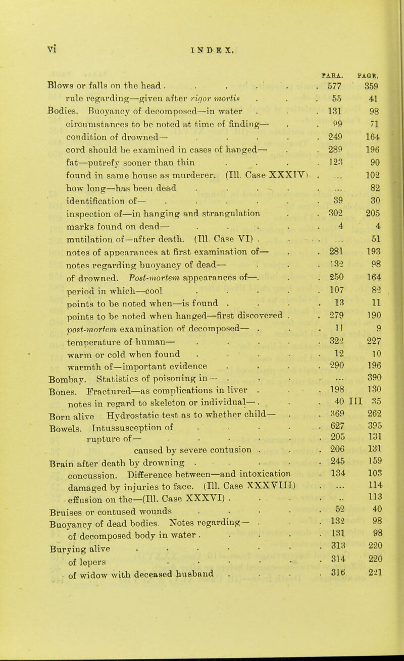 Blows or falls on the head . rule regarding—given after rir/or mortis Bodies. Buoyancy of decomposed—in water circumstances to be noted at time of finding— condition of drowned— cord should be examined in cases of hanged—■ fat—putrefy sooner than thin found in same house as murderer. (111. Case XXXTV) how long—has been dead identification of— .... inspection of—in hanging and strangulation marks found on dead— mutilation of—after death. (Til. Case VI) . notes of appearances at first examination of— notes regaining buoyancy of dead— of drowned. Post-mortem appearances of—. period in which—cool points to be noted when—is found . points to be noted when hanged—first discovered post-mortem examination of decomposed— . temperature of human— warm or cold when found warmth of—important evidence Bombay. Statistics of poisoning in— . Bones. Fractured—as complications in liver . notes in regard to skeleton or individual— . Born alive Hydrostatic test as to whether child- Bowels. Intussusception of rupture of— .... caused by severe contusion . Brain after death by drowning . concussion. Difference between—and intoxication damaged by injuries to face. (111. Case XXXVIII) effusion on the—(111. Case XXXVI) . Bruises or contused wounds Buoyancy of dead bodies. Notes regarding— of decomposed body in water . Burying alive . of lepers of widow with deceased husband PARA. PAGE. 577 359 55 41 lot 131 98 99 71 249 164 289 196 123 90 102 ... 82 39 30 302 205 4 4 51 281 193 13'i 98 250 164 107 82 13 11 279 190 11 9 322 227 12 10 290 196 • • . 390 198 130 40 Til 35 369 262 627 395 205 131 206 131 245 159 134 103 ... 114 •• 113 52 40 132 98 131 98 313 220 314 220 316 221