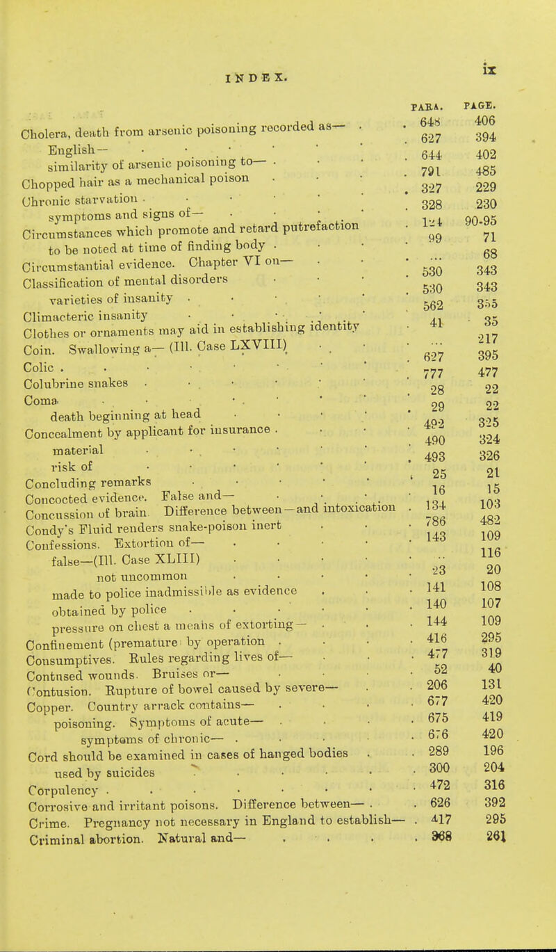 Cholera, death from arsenic poisoning recorded as- English— • • similarity of arsenic poisoning to— . Chopped hair as a mechanical poison . Chronic starvation . symptoms and signs of— . • • Circumstances which promote and retard putrefaction to he noted at time of finding body . Circumstantial evidence. Chapter VI on— Classification of mental disorders varieties of insanity . Climacteric insanity Clothes or ornaments may aid in establishing identity Coin. Swallowing a— (111. Case LXVIII) Colic . 4 * • . • . • ' .' Colubrine snakes . Coma. death beginning at head Concealment by applicant for insurance . material • , risk of • Concluding remarks ••. Concocted evidence. False and— Concussion of brain. Difference between-and intoxication Condy's Fluid renders snake-poison inert Confessions. Extortion of— false—(111. Case XLIII) not uncommon made to police inadmissible as evidence obtained by police pressure on chest a means of extorting— . Confinement (premature; by operation . Consumptives. Bules regarding lives of— Contused wounds. Bruises or— Contusion. Bupture of bowel caused by severe- Copper. Country arrack contains— poisoning. Symptoms of acute— . symptoms of chronic— . Cord should be examined in cases of hanged bodies used by suicides Corpulency . . • Corrosive and irritant poisons. Difference between— Crime. Pregnancy not necessary in England to establish- Criminal abortion. Natural and— ■ • • IX PA.EA. PAGE. 648 A A£ 406 627 OA A 394 644 402 791 485 327 229 328 AO A 230 124 A A A 90-95 /\ A 99 71 bo f OA 530 o4o 530 CtA Cf h /yd 562 O-'O A 1 41 Q - OO ... 217 627 oak 395 777 4-7/ 28 22 29 22 492 325 490 324 493 326 , 25 21 16 15 134 103 786 482 1 1 o . 143 i aa 109 lib 23 OA . 141 1 AQ lUo . 140 107 . 144 109 . 416 295 . 477 319 . 52 40 . 206 1 o 1 131 6/7 A OA 420 . 675 419 Oi 0 ClQCk zov 1 OA lyb QAA olo . 626 392 . 417 295 . 368 261