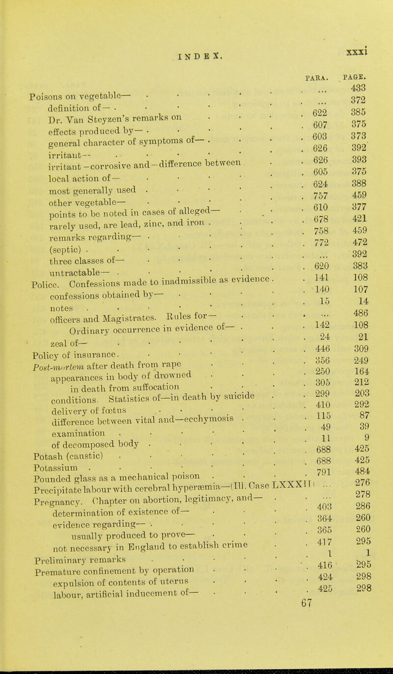 Poisons on vegetable— definition of — . Dr. Van Steyzen's remarks on effects produced by— . general character of symptoms of— . irritant— irritant -corrosive and - difference between local action of— most generally used . other vegetable— points to be noted in cases of alleged— rarely used, are lead, zinc, and iron . remarks regarding— . (septic) . three classes of— untractable— Police. Confessions made to inadmissible as e\ confessions obtained by— notes . officers and Magistrates. Pules for- Ordinary occurrence in evidence of— zeal of— ' Policy of insurance. Post-murtem after death from rape appearances in body of drowned in death from suffocation conditions. Statistics of—in death by suici delivery of foetus • ■ difference between vital and—ecchymosis examination . of decomposed body . Potash (caustic) . Potassium Pounded glass as a mechanical poison . Precipitate labour with cerebral hyperemia—(Hi Pregnancy. Chapter on abortion, legitimacy,  determination of existence of— evidence regarding— . usually produced to prove- not necessary in England to establish crim Preliminary remarks Premature confinement by operation expulsion of contents of uterus labour, artificial inducement of— deuce de an Case d— LXXXIi t XXXI PARA. PAGE. ... 433 ... 372 622 385 607 375 603 373 626 392 626 393 605 375 624 388 757 459 610 377 678 421 758 459 772 472 ... 392 620 383 141 108 140 107 15 14 -* * 486 142 108 24 21 446 309 356 249 250 164 305 212 299 203 410 292 . 115 87 . 49 39 . 11 9 . 688 425 . 688 425 . 791 484 Hi ... 276 278 . 403 286 . 364 260 . 365 260 . 417 295 1 1 . 416 295 . 424 298 . 425 298 67