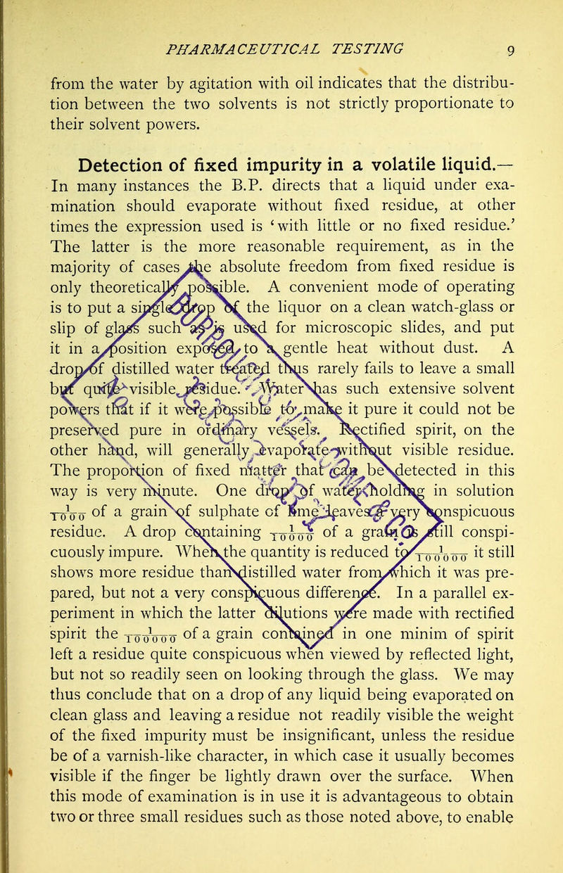 from the water by agitation with oil indicates that the distribu- tion between the two solvents is not strictly proportionate to their solvent powers. Detection of fixed impurity in a volatile liquid.— In many instances the B.P. directs that a hquid under exa- mination should evaporate without fixed residue, at other times the expression used is 'with httle or no fixed residue.' The latter is the more reasonable requirement, as in the majority of cases J^ie absolute freedom from fixed residue is only theoretical|(^\T)o^ible. A convenient mode of operating is to put a sm^a^Ji^p of the liquor on a clean watch-glass or shp of gl^*fs such^^jj^ ii^^d for microscopic shdes, and put it in a/^sition expc3^S/to 1%. gentle heat without dust. A dron/of distilled water iimft^ tSus rarely fails to leave a small qui^visible^jjfeidue. V'^^terVhas such extensive solvent poV^-s tfit if it w^feP^yplysibfe ^t6;^malseit pure it could not be preserved pure in or^^a'ry ve's^elV.^ Ratified spirit, on the other h^d, will generally ,j^vapo1'^fe->vitr^ut visible residue. The propoHion of fixed nlatteY that'j^^beSdetected in this way is very minute. One dlH^^/^f^ walf^'holah^ in solution ■Ywoo ^ grain^'^f sulphate of SmeJipavest^verySDnspicuous residue. A drop as)ntaining yoJ^ ^ gramOJs >nll conspi- cuously impure. Whe\the quantity is reduced ^^i-oiyo oiy ^^ill shows more residue thanVdistilled water froin/vhich it was pre- pared, but not a very conspicuous different In a parallel ex- periment in which the latter oikitions w^e made with rectified spirit the yo oVtio ^ grain conhjinad'^ in one minim of spirit left a residue quite conspicuous when viewed by reflected fight, but not so readily seen on looking through the glass. We may thus conclude that on a drop of any hquid being evaporated on clean glass and leaving a residue not readily visible the weight of the fixed impurity must be insignificant, unless the residue be of a varnish-like character, in which case it usually becomes visible if the finger be lightly drawn over the surface. When this mode of examination is in use it is advantageous to obtain two or three small residues such as those noted above, to enable