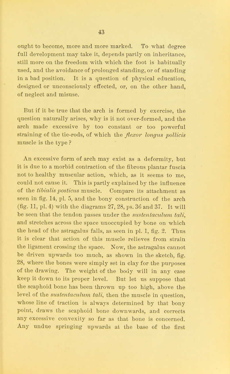 ought to become, more and more marked. To what degree full development may take it, depends partly on inheritance, still more on the freedom with which the foot is habitually used, and the avoidance of prolonged standing, or of standing in a bad position. It is a question of physical education, designed or unconsciously effected, or, on the other hand, of neglect and misuse. But if it be true that the arch is formed by exercise, the question naturally arises, why is it not over-formed, and the arch made excessive by too constant or too powerful straining of the tie-rods, of which the flexor longus pollicis muscle is the type ? An excessive form of arch may exist as a deformity, but it is due to a morbid contraction of the fibrous plantar fuscia not to healthy muscular action, which, as it seems to me, could not cause it. This is partly explained by the influence of tibialis xiosticus muscle. Compare its attachment as seen in fig. 14, pi. 5, and the bony construction of the arch (fig. 11, pi. 4) with the diagrams 27, 28, ps. 36 and 37. It will be seen that the tendon passes under the sustentaculum tali, and stretches across the space unoccupied by bone on which the head of the astragalus falls, as seen in pi. 1, fig. 2. Thus it is clear that action of this muscle relieves from strain the ligament crossing the space. Now, the astragalus cannot be driven upwards too much, as shown in the sketch, fig. 28, where the bones were simply set in clay for the purposes of the drawing. The weight of the body will in any case keep it down to its proper level. But let us suppose that the scaphoid bone has been thrown up too high, above the level of the sustentaculum tali, then the muscle in question, whose line of traction is always determined by that bony point, draws the scaphoid bone downwards, and corrects any excessive convexity so far as that bone is concerned. Any undue springing upwards at the base of the first