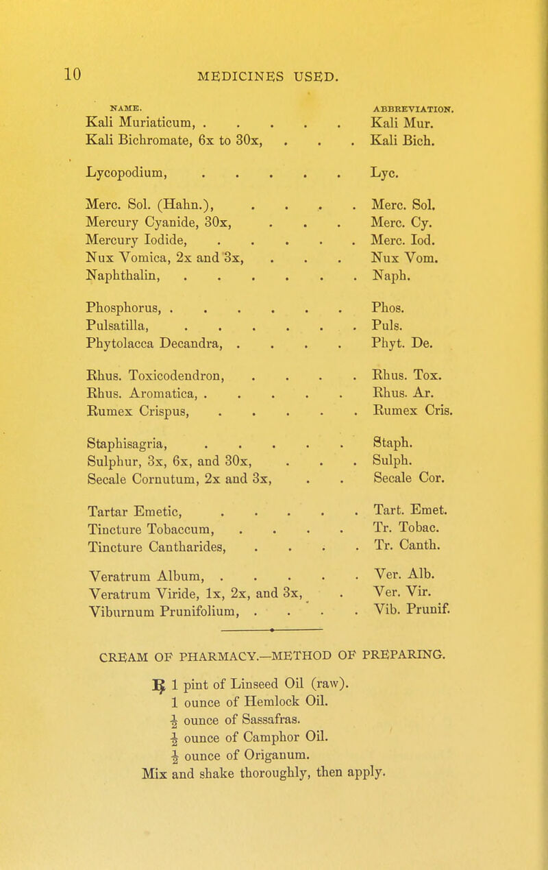 NAME. Kali Muriaticum, . Kali Bichromate, 6x to 30x, Lycopodium, Merc. Sol. (Hahn.), Mercury Cyanide, 30x, Mercury Iodide, Nux Vomica, 2x and 3x, Naphthalin, Phosphorus, .... Pulsatilla, Phytolacca Decandra, . Rhus. Toxicodendron, Rhus. Aromatica, . Rumex Crispus, Staphisagria, Sulphur, 3x, 6x, and 30x, Secale Cornutum, 2x and 3x, Tartar Emetic, Tincture Tobaccura, Tincture Cantharides, Veratrum Album, . Veratrum Viride, Ix, 2x, and 3x, Viburnum Prunifolium, . ABBREVIATION. Kali Mur. Kali Bich. Lyc. Merc. Sol. Merc. Cy. Merc. lod. Nux Vom. Naph. Phos. Puis. Phyt. De. Rhus. Tox. Rhus. Ar. Rumex Oris. Staph. Sulph. Secale Cor. Tart. Emet. Tr. Tobac. Tr. Canth. Ver. Alb. Ver. Vir. Vib. Prunif. CREAM OF PHARMACY.—METHOD OF PREPARING. ]^ 1 pint of Linseed Oil (raw). 1 ounce of Hemlock Oil. •J ounce of Sassafras. ■| ounce of Camphor Oil. ^ ounce of Origanum. Mix and shake thoroughly, then apply.