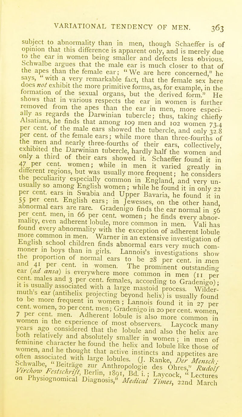 subject to abnormality than in men, though Schaeffer is of opmion that this difference is apparent only, and is merely due to the ear m women being smaller and defects less obvious Schwalbe argues that the male ear is much closer to that of the apes than the female ear; We are here concerned, he says, ' with a very remarkable fact, that the female sex here does fto^ exhibit the more primitive forms, as, for example, in the lormation of the sexual organs, but the derived form  He shows that in various respects the ear in women is further removed froni the apes than the ear in men, more especi- ally as regards the Darwinian tubercle; thus, taking chiefly Alsatians, he finds that among 109 men and 102 women 7^ 4 per cent, of the male ears showed the tubercle, and only 3^ 8 per cent, of the female ears; while more than three-fourths of J ^1^ ^f^^^ three-fourths of their ears, collectively, exhibited the Darwinian tubercle, hardly half the women and only a third of their ears showed it. Schaeffer found it in 47 per cent, women; while in men it varied greatly in different regions, but was usually more frequent; he considers the peculiarity especially common in England, and very un- usually so among English women; while he found it in only 22 per cent, ears in S^yabia and Upper Bavaria, he found it in 55 per cent. English ears; in Jewesses, on the other hand abnormal ears are rare. Gradenigo finds the ear normal in k6 per cent, men in 66 per cent, women; he finds every abnor- mality, even adherent lobule, more common in men. Vali has found every abnormality with the exception of adherent lobule more comnion in men. Warner in an extensive investigation of English school children finds abnormal ears very mu?h cor^- rnoner in boys than ,n girls. Lannois's investigations show the proportion of normal ears to be 28 per cent, in .men P.wi^ per cent, in women. The prominent outstanding e^r {ad ansa) is eveiywhere more common in men (11 per i^M^nS' ^- according to Gradenigo); mmlV. f7^''''.Mr^'^^ ^ ^''^''^^ ^^^^^'d process. Wilcler- o projecting beyond helix) is usually found to be more frequent in women ; Lannois found it in 27 per cent, women, 20 per cent, men; Gradenigo in 20 per cent, women 7 per cent. men. Adherent lobule is also more common Tn women in the experience of most observers. Laycock ?^any years ago considered that the lobule and also the helix a4 both relatively and absolutely smaller in women ; in mL of feminine character he found the helix and lobule like tE o women, and he thought that active instincts and appetites are ^dnvalS'-telt''' large lobules. (J. Ranke, dTmZT, bclnvalbe, Beitrage zur Anthropologie des Ohres J?udo/f Vtrchow Fcstschrift,V,^yXxr., 1891, Bd. i.; Laycod, Lectures on Physiognomical Diagnosis, Medical ri., 22nd Maixh