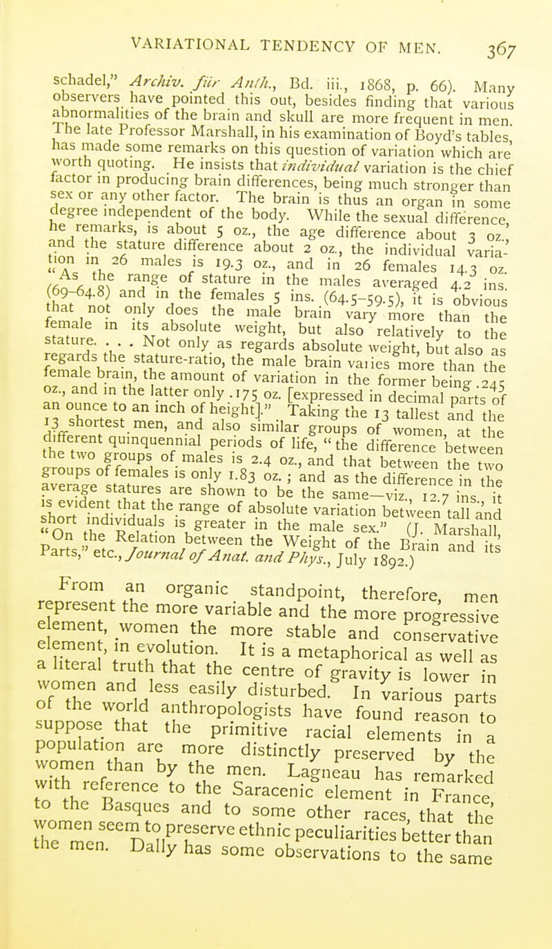 schadel, Archiv. fiir A;i/h., Bd. iii,, 1868, p. 66). Many observers have pointed this out, besides finding that various abnormahties of the brain and skull are more frequent in men 1 he late Professor Marshall, in his examination of Boyd's tables has made some remarks on this question of variation which are worth quotmg. He insists that individual variation is the chief tactor m producmg brain differences, being much stronger than sex or any other factor. The brain is thus an organ in some degree mdependent of the body. While the sexual difference he remarks, is about 5 oz., the age difference about ^ oz' and the stature difference about 2 oz., the individual varia- tion in 26 males is 19.3 oz., and in 26 females 14.3 oz ff^^\ l^ 'T?^ °/ 'l?^''^ ^'-^'es averaged 4 2 ins (69-64.8) and in the females 5 ins. (64.5-59.=;) it is obvious that not only does the mal^ braii ^^^^nwe han ^^^^^ Zt.  ''Nnf' '' also relatively to statute. . . . Not only as regards absolute weight, but also as ?S K ' ^^.f^'-^-'-^^i. the male brain vaiies more than the female brain the amount of variation in the former being .24? oz., and in the latter only .,75 oz. [expressed in decimal parts of an ounce to an inch of height]. Taking the 13 tallest and the 13 shortest men, and also similar grotps of\vomen af t e thfnvT '^'q'^Tial Penods of life, the difference between the two groups of males is 2.4 oz., and that between the tvvo groups of females is only 1.83 oz. ; 'and as the diffeJeicfin the average statures are shown to be the same-viz. 12 7 ins it hort iTn-'^^f' °f ^'^^^'te variation bet^een^tall and On /h. p if' in *e male sex. (J. MarshaH Par?s et. S'^^/'^'^T' ^^'^^^ °f the Bmin and its i-arts, t.\.c., Journal of A7iat. aftd Phys., July 1892.) From an organic standpoint, therefore, men represent the more variable and the more progresTive e emen , women the more stable and cJnsfrva ve elemen , m evolution. It is a metaphorical as wel Is a literal truth that the centre of gmvity is lower Tn women and less easily disturbed.^ In various parts supDOseTh^ anthropologists have found reaso^n to suppose that the primitive racial elements in a population are more distinctly preserved by the women than by the men. Lagneau has remarked with reference to the Saracenic%lement in Fiance to the Basques and to some other races that the rhrmen dIi^h' ethnic peculiarities better than the men. Dally has some observations to the same