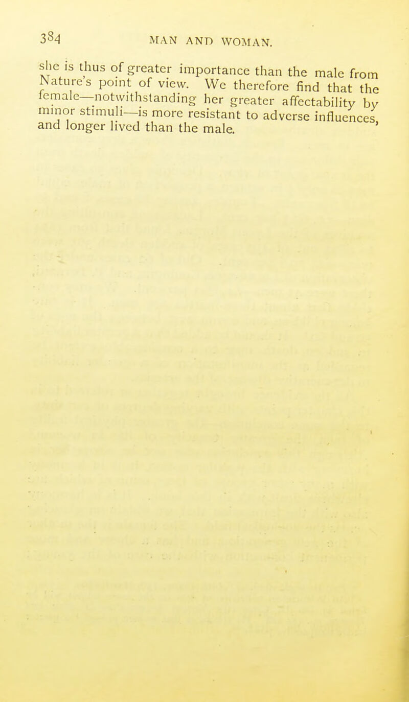 she is thus of greater importance than the male from Natures pomt of view. We therefore find that the female—notwithstanding her greater afifectabiHty hv minor stimuH—is more resistant to adverse influences and longer Hved than the male. '