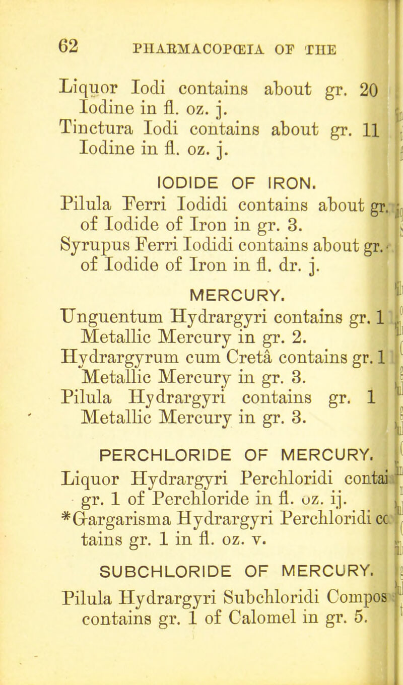 Liquor Iodi contains about gr. 20 Iodine in fl. oz. j. Tinctura Iodi contains about gr. 11 Iodine in fl. oz. j. IODIDE OF IRON. B Pilula Ferri Iodidi contains about gr. of Iodide of Iron in gr. 3. Syrupus Ferri Iodidi contains about gr. of Iodide of Iron in fl. dr. j. MERCURY. Unguentum Hydrargyri contains gr. 1 Metallic Mercury in gr. 2. Hydrargyrum cum Creta contains gr. 1 Metallic Mercury in gr. 3. Pilula Hydrargyri contains gr. 1 Metallic Mercury in gr. 3. PERCHLORIDE OF MERCURY. Liquor Hydrargyri Perchloridi contai gr. 1 of Percbloride in fl. uz. ij. *Grargarisma Hydrargyri Perchloridi cc tains gr. 1 in fl. oz. v. I ( ( li SUBCHLORIDE OF MERCURY. Pilula Hydrargyri Subcliloridi Compos contains gr. 1 of Calomel in gr. 5.