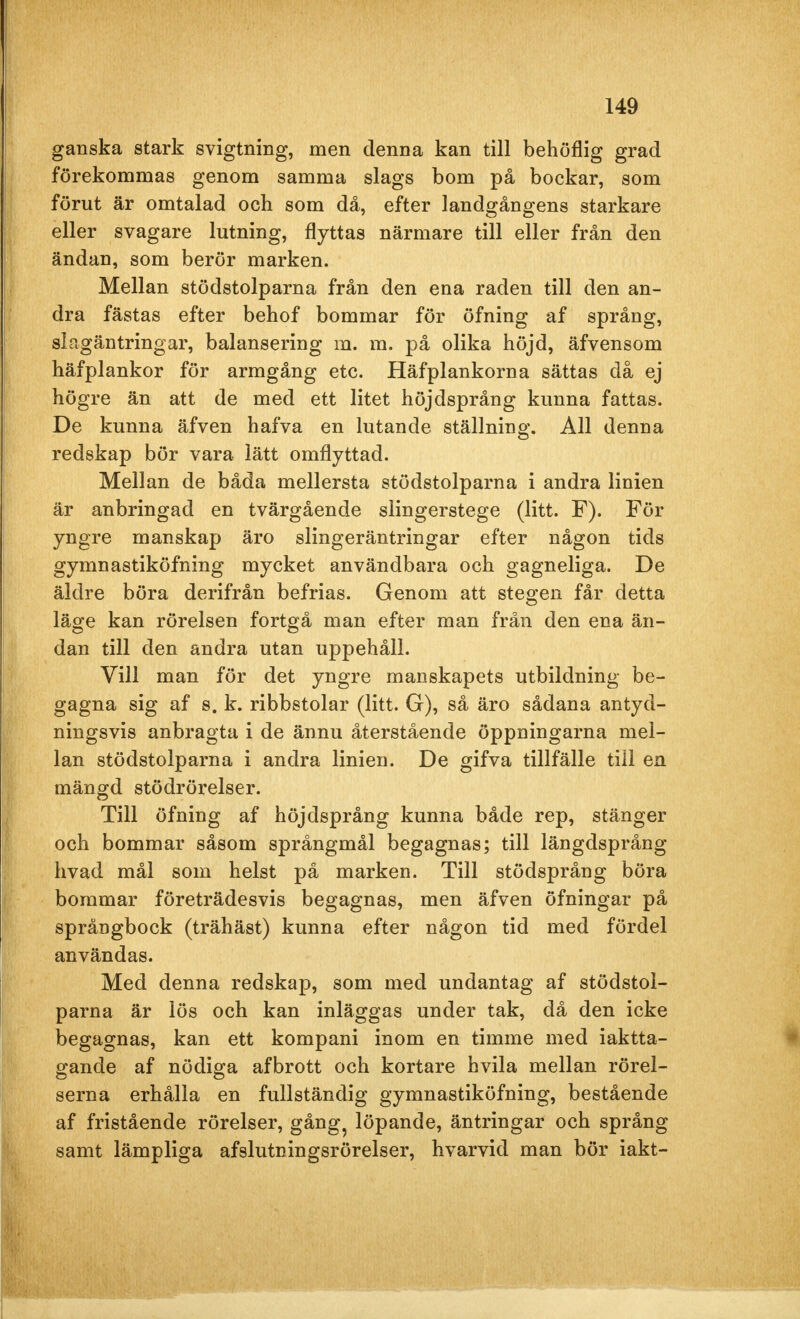 ganska stark svigtning, men denna kan till behöflig grad forekominas genom samma slags bom på bockar, som förut är omtalad och som då, efter landgångens starkare eller svagare lutning, flyttas närmare till eller från den ändan, som berör marken. Mellan stödstolparna från den ena raden till den an- dra fästas efter behof bommar för öfning af språng, slagäntringar, balansering m. m. på olika höjd, äfvensom häfplankor för armgång etc. Häfplankorna sättas då ej högre än att de med ett litet höjdsprång kunna fattas. De kunna äfven hafva en lutande ställning. All denna redskap bör vara lätt omflyttad. Mellan de båda mellersta stödstolparna i andra linien är anbringad en tvärgående slingerstege (litt. F). För yngre manskap äro slingeräntringar efter någon tids gymnastiköfning mycket användbara och gagneliga. De äldre böra derifrån befrias. Genom att stegen får detta läge kan rörelsen fortgå man efter man från den ena än- dan till den andra utan uppehåll. Vill man för det yngre manskapets utbildning be- gagna sig af s. k. ribbstolar (litt. G), så äro sådana antyd- ningsvis anbragta i de ännu återstående öppningarna mel- lan stödstolparna i andra linien. De gifva tillfälle till en mängd stödrörelser. Till öfning af höjdsprång kunna både rep, stänger och bommar såsom språngmål begagnas; till längdsprång hvad mål som helst på marken. Till stödsprång böra bommar företrädesvis begagnas, men äfven öfningar på språngbock (trähäst) kunna efter någon tid med fördel användas. Med denna redskap, som med undantag af stödstol- parna är lös och kan inläggas under tak, då den icke begagnas, kan ett kompani inom en timme med iaktta- gande af nödiga afbrott och kortare hvila mellan rörel- serna erhålla en fullständig gymnastiköfning, bestående af fristående rörelser, gång5 löpande, äntringar och språng samt lämpliga afslutningsrörelser, hvarvid man bör iakt-