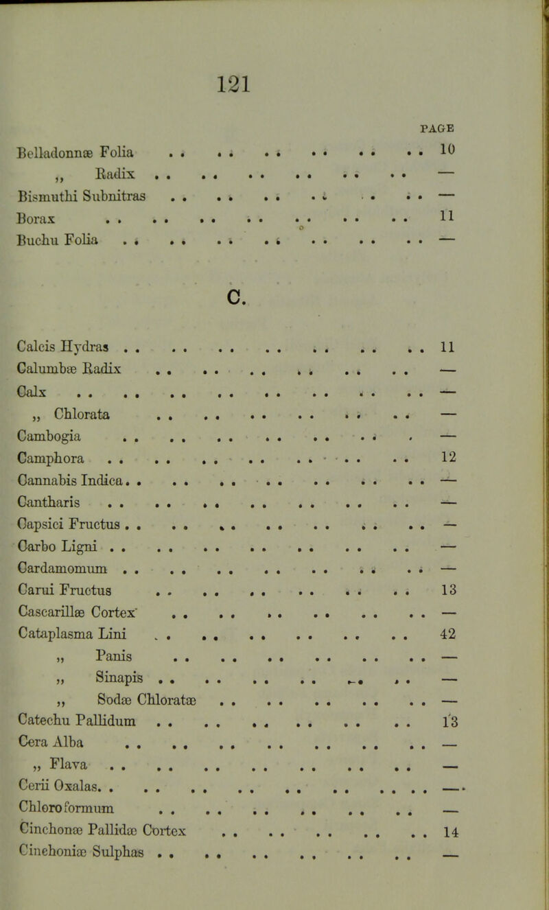 12] PAGE Vn Ihulonnae Folia 10 Radix . . . « — Bisinuthi Subuitras * •• •• — Borax Buchu Folia i C. Calcis Hydras 11 Galumbse Radix . . — Calx - . . . — „ Chlorata . . — Cambogia . . . . . . . . • • . . . — Camphora . . . . 12 Gannabis Indica • — Cantharis — Oapsici Fructus .. * — Carbo Ligni — Gardamomum . . — Carui Fructus . . . . • . . . . . . . 13 Cascarillse Cortex . . . . » — Cataplasma Liui 42 „ Panis — „ Sinapis _# — Sodae Chloratae — Catechu Pallidum 13 Cera Alba . . . , — „ Flava — Cerii Oxalas. . Chloroformum Cinchona? Pallida) Cortex 14 OinehoniaB Sulphas