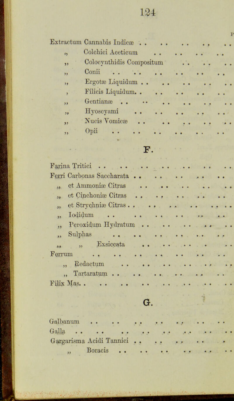 V Extractum Cannabis Indicse Colchici Aceticuni Colocynthidis Compositum „ Conii , , ,, Ergotae Liquidum , Filicis Liquidum Gentianae . . „ Hyoscyami „ Nucis Vomicae . . „ Opii F. Carina Tritici Fern Carbonas Saccbarata • • . . . . » * • • et Ammoniae Citras j, et Cincboniae Citras . . „ et Strycbniae Citras „ Iodidum . . Peroxidum Hydratum , „ Sulpbas ,, j j Exsiccata •• • Ferrum „ Eedactum „ Tartaratum Filix Mas G. Galbanum . . . . Galla Gargarisma Acidi Tannici Boracis