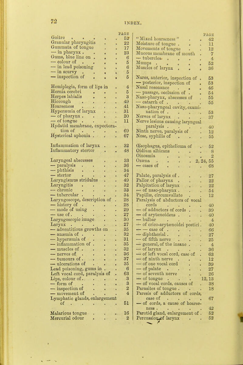 n INDEX. Goitre . . . Gramilav pliai-yngltis Gummata of tongue — iu pharynx . Gums, blue line on . — colour of , , — in lead poisoning — in scurvy . — inspection of , Hemiplegia, form of lips in Hernia cerebri , Herpes labialis . Hiccough . . Hoarseness Hyperajmia of larynx — of pharynx . — of tongue . Hydatid membrane, expectora tion of Hysterical aphonia , Inflammation of larynx Inflammatory stertor Laryngeal abscesses — paralysis . . — phthisis . . — stertor . . Lai-yngismus stridulus Laryngitis . . — chronic 4 — tubercular . Laryngoscope, description of — history of . — mode of using — use of. Laryngoscopic image Larynx . — adventitious growths on — antemia of . — hypersemia of — inflammation of . — muscles of . — nerves of . — tumours of . . — ulcerations of Lead poisoning, gums in Left vocal cord, paralysis of Lips, colour of. — form of — inspection of . — movement of Lymphatic glands, enlargement of . . . Malarious tongue . Mercurial odour . PAGE 52 22 17 23 6 5 6 5 6 4 5 3 49 41 31 20 11 69 67 32 48 33 36 34 47 49 32 33 34 28 28 29 27 30 27 35 32 31 35 32 36 37 35 6 63 3 3 2 4 51 16 2 PAGE  Mixed hoarseness . ,42 Moisture of tongue . # . 11 Movements of tongue . . 12 Mucous membrane of mouth . 7 — tubercles- .... 4 Mumps 52 Muscles of larynx ... 36 Nares, anterior, inspection of , 53 •— posterior, inspection of , 53 Nasal resonance ... 46 ■— passage, occlusion of . .54 Naso-pharynx, abscesses of . 55 — catarrh of . . . .55 Naso-pharyngeal cavity, exami- nation of . , . .53 Nerves of larynx ... 37 Nerve lesions causing laryngeal paralysis .... 40 Ninth nerve, paralysis of . 12 Nose, syphilis of . , .55 (Esophagus, epithelioma of Oidium albicans Oinosmia . , Ozffina .... — cases of . . , 2, 52 8 2 24, 55 68 Palate, paralysis of . . ,27 Pallor of pharynx ... 22 Palpitation of larynx . . 22 — of naso-pharynx ... 54 Papillse, circumvallate . . 12 Paralysis of abductors of vocal cords .... 40 — of adductors of cords . . 39 — of arytajnoideus ... 40 — bulbar .... 4 — of crico-arytsenoidei postici. 40 case of . . . .66 — diphtherial .... 27 — of fifth nerve ... 25 — general, of the insane . . 4 — of larynx .... 36 — of left vocal cord, case of . 63 — of ninth nerve ... 12 — of one vocal cord . . 39 — of palate .... 27 — of seventh nerve . . 26 — of tongue ... 12,13 — of vocal cords, causes of . 38 Parasites of tongue ... 18 Paresis of adductors of cords, case of . . . .67 — of cords, a cause of hoarse ness 42 Parotid gland, enlargement of . 52 Percussiou^f larynx . . 52