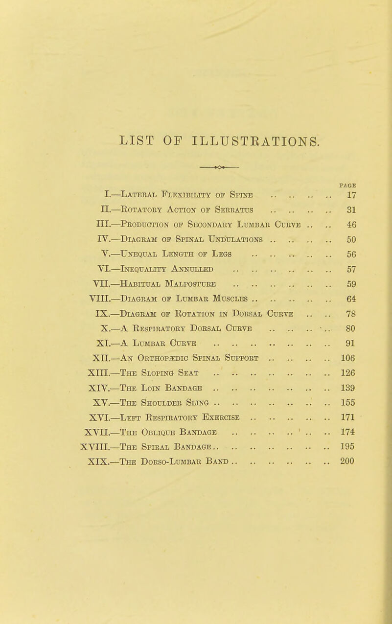 LIST OF ILLUSTEATIONS. »o« PAGE I.—Laterai, Flexibility of Spike 17 n.—EoTATOEY Action op Seeeatus 31 III.—Peoduction of Secondaet Lumbae Cuevb .. .. 46 rv.—Diagram of Spinal Undulations 50 V.—^Unequal Length op Legs 56 VI.—Inequality Annulled 57 VII.—^Habitual Malpostuee 59 Vin.—Diagram op Lumbae Muscles 64 IX.—Diagram op Eotation in Doesal Curve .. .. 78 X.—A Eespieatoey Doesal Cueve • .. 80 XI.—A Lumbae Cueve 91 Xn.—An OETHOP/Eajio Spinal Suppoet 106 XIII. —The Sloping Seat 126 XIV. —The Loin Bandage 139 XV.—The Shoulder Sling 155 XVI.—Left EESPniATORY Exercise 171 XVII.—The Oblique Bandage ' .. .. 174 XVin.—The Spiral Bandage 195 XIX.—The Doeso-Lumbae Band 200