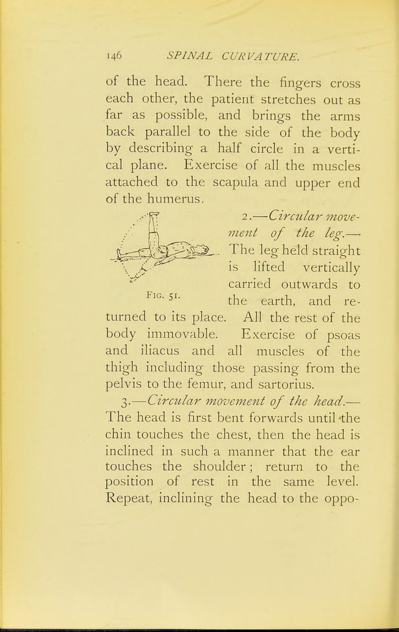 of the head. There the fingers cross each other, the patient stretches out as far as possible, and brings the arms back parallel to the side of the body by describing a half circle in a verti- cal plane. Exercise of all the muscles attached to the scapula and upper end of the humerus. 2.—Circular move- ment of the leg.— . The leg held straight is lifted vertically carried outwards to FlG*SI' the earth, and re- turned to its place. All the rest of the body immovable. Exercise of psoas and iliacus and all muscles of the thigh including those passing from the pelvis to the femur, and sartorius. 3.—-Circular movement of the head.— The head is first bent forwards until *the chin touches the chest, then the head is inclined in such a manner that the ear touches the shoulder; return to the position of rest in the same level. Repeat, inclining the head to the oppo-