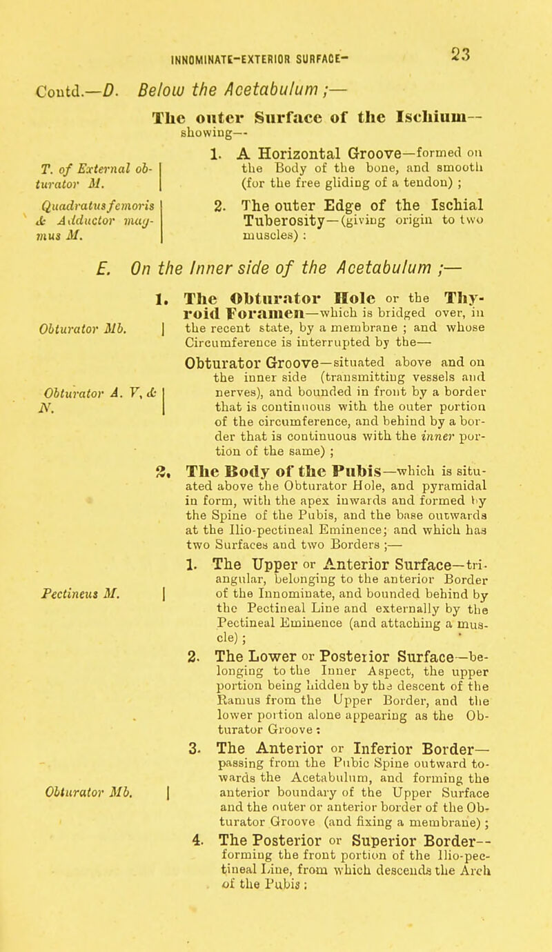 Coutd— D. Below the Acetabulum ;- T. of External ob- turator M. Quadratvs femoris ifc Adductor mag- mus M. The outer Surface of the Ischium— showing— 1. A Horizontal Groove—formed on the Body of the bone, and smooth (for the free gliding of a tendon) ; 2. The outer Edge of the Ischial Tuberosity—(giving origin to two muscles) : E. On the Inner side of the Acetabulum ;— 1. The Obturator Hole or the Thy- roid Foramen—which is bridged over, in Obturator Mb. | the recent state, by a membrane ; and whose Circumference is interrupted by the— Obturator Groove—situated above and on the inner side (transmitting vessels and Obturator A. Y, & I nerves), and bounded in front by a border jV\ that is continuous with the outer portion of the circumference, and behind by a bor- der that is continuous with the inner por- tion of the same) ; 8, The Body Of the PllhiS— which is situ- ated above the Obturator Hole, and pyramidal in form, with the apex inwards and formed by the Spine of the Pubis, and the base outwards at the Ilio-pectineal Eminence; and which has two Surfaces and two Borders ;— 1. The Upper or Anterior Surface—tri- angular, belonging to the anterior Border Pectineus M. of the Innominate, and bounded behind by the Pectineal Line and externally by the Pectineal Eminence (and attaching a mus- cle) ; 2. The Lower or Posterior Surface—be- longing to the Inner Aspect, the upper portion being hidden by the descent of the Ramus from the Upper Border, and the lower portion alone appearing as the Ob- turator Groove: 3- The Anterior or Inferior Border- passing from the Pubic Spine outward to- wards the Acetabulum, and forming the Obturator Mb. anterior boundary of the Upper Surface and the outer or anterior border of the Ob- turator Groove (and fixing a membrane) ; 4. The Posterior or Superior Border- forming the front portion of the llio-pee- tineal Line, from which descends the Arch of the Pubis;