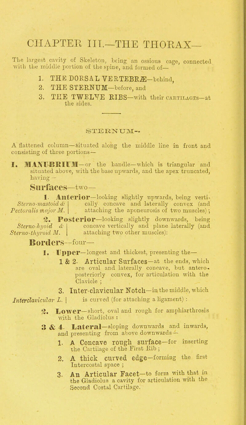 CHAPTER III.—THE THORAX— Tlie largest cavity of Skeleton, being an ossious cage, connected With the middle portion of the spine, and formed of 1. THE DORSAL VERTEBRAE—behind, 2. THE STERNUM—before, and 3. THE TWELVE RIBS—with their cartilages—at the sides. STERNUM- A flattened column—situated along the middle line in front and consisting of three portions — I. MANUBRIUM—or the handle—which is triangular and situated above, with the base upwards, and the apex truncated, having — Surfaces—two— 1. Anterior—looking slightly upwards, being verti- Sterno-mastoid £• Pcctoralis major M. cally concave and laterally convex (and attaching the aponeurosis of two muscles) •, 2. Posterior—looking slightly downwards, being Sterno-hyoid Jj concave vertically and plane laterally (and Sterno-lhyroid M. attaching two other muscles): Borders—four— 1, Upper—longest and thickest, presenting the— 1 & 2- Articular Surfaces—at the ends, which are oval and laterally concave, but antero. posteriorly convex, for articulation with the Clavicle ; 3. Illter-clavicular Notch—in the middle, which Interclavicular L. \ is curved (for attaching a ligament) : 3. Lower—short, oval and rough for amphiarthrosis with the Gladiolus : 3 & 4- Lateral—sloping downwards and inwards, and presenting from above downwards — 1. A Concave rough surface—for inserting the Cartilage of the First Rib ; 2. A thick curved edge—forming the first Intercostal space ; 3. An Articular Facet—to form with that in the Gladiolus a cavity for articulation with the Second Costal Cartilage.