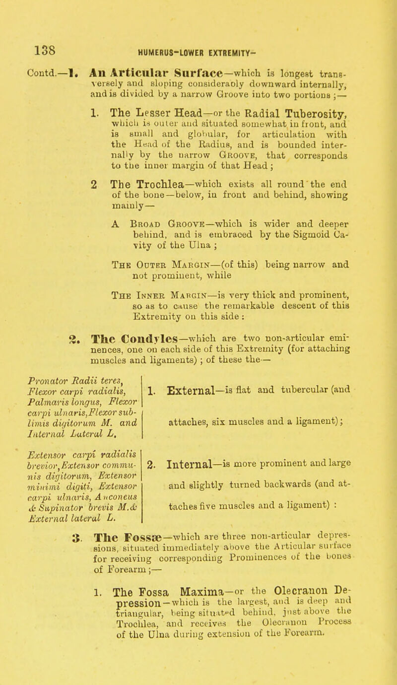 Contd.—1. An Articular Surface—which is longest trans- versely and sloping consideraoly downward internally, and is divided by a narrow Groove into two portions ;— 1. The Lesser Head—or the Radial Tuberosity, which is outer and situated somewhat in front, and is small and globular, for articulation with the Head of the Radius, and is bounded inter- nally by the narrow Groove, that corresponds to the inner margin of that Head; 2 The Trochlea—which exists all round the end of the bone—below, in front and behind, showing mainly— A Broad Groove—which is wider and deeper behind, and is embraced by the Sigmoid Ca- vity of the Ulna ; The Odter Margin—(of this) being narrow and not prominent, while The Inner Margin—is very thick and prominent, so as to cause the remarkable descent of this Extremity on this side : 2. TllC Condyles—which are two non-articular emi- nences, one on each side of this Extremity (for attaching muscles and ligaments) ; of these the— Pronator Radii teres, Flexor carpi radialis, Palmaris longus, Flexor carpi ulnaris,Flexor sub- limit digitorum M. and Internal Lateral L, Extensor carpi radialis breviortExtensor commu- nis dixjitorani, Extensor minimi digiti, Extensor carpi ulnaris, Anconeus it- Supinator brevis M.& External lateral L. 1. External—is fiat and tubercular (and attaches, six muscles and a ligament); 2. Internal—is more prominent and large and slightly turned backwards (and at- taches five muscles and a ligament) : 3. TllC Fossae—which are three non-articular depres- sions, situated immediately above the Articular surface for receiving corresponding Prominences of the bones of Forearm;— 1. The Fossa Maxima-or the Olecranon De- pression—which is the largest, and is deep and triangular, being situated behind, just above the Trochlea, and receives the Olecranon Process of the Ulna during extension of the Forearm.