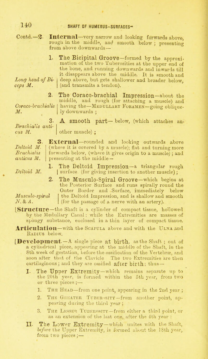 SHAFT OF HUMERUS-SURFACES- Contd.—%. Internal—very narrow and looking forwards above, rough in the middle, and smooth below ; presenting from above downwards—■ 1. The Bicipital Groove—formed by the approxi- mation of the two Tuberosities at the upper end of the bone, and running downwards and inwards till it disappears above the middle. It is smooth and i deep above, but gets shallower and broader below, I (and transmits a tendon). The Coraco-brachial Impression—about the middle, and rough (for attaching a muscle) and I having the—Medullary Foramen—going oblique- I ly downwards ; Long head of Bi- ceps M. Coraco-brachialis M. 3. BracMaUs anti- cus 31. A smooth part— below, (which attaches an- other muscle) ; 3. External—rounded and looking outwards above Deltoid M. (where it is covered by a muscle); flat and turning more Brachialis forwards below, (where it gives origin to a muscle); and anlicus M. presenting at the middle — 1. The Deltoid Impression—a triangular rough Deltoid M. I surface, (for giving insertion to another muscle) ; 2. The Musculo-Spiral Groove—which begins at the Posterior Surface and runs spirally round the Outer Border and Surface, immediately below Musculo-spiral the Deltoid Impression, and is shallow and smooth N. & A. (for the passage of a nerve with an artery). [Structure—the Shaft is a cylinder of compact tissue, hollowed by the Medullary Canal: while the Extremities are masses of spongy substance, enclosed in a thin layer of compact tissue. Articulation—with the Scapula above and with the Ulna aud Eadius below. [Development.—A single piece at birth, astlie Shaft ; out of a cylindrical piece, appearing at the middle of the Shaft, in the 8th week of gestation, before the ossification of the Vertebra?, and soon after that of the Clavicle The two Extremities are then cartilaginous; and they are ossified after birth; thus — I. The Upper Extremity—which remains separate up to the 20th ye:u% is formed within the 5th year, from two or three pieces ;— 1. The Head—from one point, appearing in the 2nd year ; 2. The Greater Tuberosity—from another point, ap- pearing during the third year; 3. The Lesser Tuberosity—from either a third point, or as an extension of the last one, after the -1th year : II. The Lower Extremity—which unites with the Shaft, before the Upper Extremity, is formed about the ISth year, from two pieces ;—