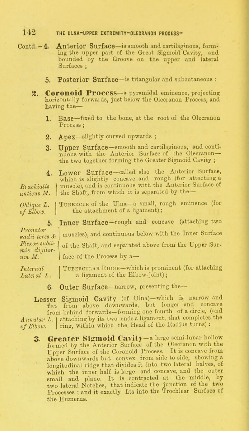 Contd. — 4- Anterior Surface—is smooth and cartilaginous, form- ing the upper part of the Great Sigmoid Cavity, and bounded by the Groove on the upper and lateral Surfaces ; 5. Posterior Surface—is triangular and subcutaneous : 55. CorOIlOid Process—a pyramidal eminence, projecting horizontally forwards, just below the Olecranon Process, and having the— 1. Ease—fixed to the bone, at the root of the Olecranon Process ; 2. 3. B) achialis anticus M. Oblique L, of Elbow. Pronator radii teres & Flexor subli- mis dijilor- um M. Internal Lateud L. Apex—slightly curved upwards ; Upper Surface—smooth and cartilaginous, and conti- nuous with the Anterior Surface of the Olecranon— the two together forming the Greater Sigmoid Cavity ; Lower Surface—called also the Anterior Surface, which is slightly concave and rough (for attaching a I muscle), and is continuous with the Anterior Surface of | the Shaft, from which it is separated by the— Tubercle of the Ulna—a small, rough eminence (for the attachment of a ligament); Inner Surface—rough and concave (attaching two muscles), and continuous below with the Inner Surface of the Shaft, and separated above from the Upper Sur- face of the Process by a— Tubercular Ridge—which is prominent (for attaching a ligament of the Elbow-joint); 6- Outer Surface-narrow, presenting the— Lesser Sigmoid Cavity (of Ulna)—which is narrow and flat from above downwards, but longer and concave from behind forwards—forming one-fourth of a circle, (and Annular L. I attaching by its two ends a ligament, that completes the «f Elbow. I ring, Withiu which the. Head of the Kadius turns): 3. Greater Sigmoid Cavity—a large semi-lunar hollow formed by the Anterior Surface of the Olecranon with the Upper Surface of the Corouoid Process. It is concave from above downwards but convex from side to side, showing a longitudinal ridge that divides it into two lateral halves, of which the inner half is large and concave, and the outer small and plane. It is contracted at the middle, by two lateral Notches, that indicate the junction of the two Processes ; and it exactly fits into the Trochlear Surface of the Humerus.