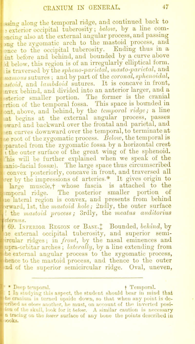 -iiiiii alou? tlie temporal ridge, and continued back to rexterior occipital tuberosity; helow, by a line com- •nciut,' also at the external angular process, and passing jnu the zvtromatic arch to the mastoid process, and ?nce to the occipital tiiberosity. Ending thus in a, int before and behind, and bounded by a curve above d below, this region is of an irregularly elliptical form, is traversed hy the spheno-parietal, masto-'parietal, and uamou6 sutures ; and by part of the coronal, sphenoidal, istoiJ, and la»ibdoid sutures. It is concave in front, nvex behind, and divided into an anterior larger, ancl a ■sterior smaller portion. The former is the cranial rrtion of the temporal fossa. This space is bounded in iont, above, and behind, by the temjwral ridge; a line lat begins at the external angular process, passes ward and backward over the frontal and parietal, and ften curves downward over the temporal, to terminate at ae root of the zygomatic process. Below, the temporal is jparated from the zygomatic fossa by a horizontal crest ithe outer surface of the great wing of the sphenoid. Iiiij will be further exjDlaLned when we speak of tbe .anio-facial fossae). The large space thus circumscribed convex posteriorly, concave in front, and traversed all rer by the impressions of arteries.* It gives origin to lar^e muscle,f whose fascia is attached to the :mporal ridge. The posterior smaller portion of 18 lateral region is convex, and presents from behind )rward, 1st, the mas^ouZ Jiole; 2ndly, the outer surface :' the mastoid process; 3rdly, the meatus auditorius dernus. 69. Inferior Region or Base.4; Bounded, heliind, by ae external occipital tuberosity, and superior semi- i.rcular ridges; in front, by the nasal eminences and upra-orbitar arches ; laterally, by a line extending from •he external angular process to the zygomatic process, 'hence to the mastoid process, and thence to the outer nd of the superior semicircular ridge. Oval, uneven, ■ • Df;':p U,-nfK)ril. t Toinponil. t In Mtiulying thin aspfct, tlio stiirlf-iit sliould bear in iiiiiifl that he craniuiii is turn':'! upsi'le down, .so tliat whoii any jjoiiil, is de- cribed anothf:r, rnast, on .a' count of tlii^ inviTti^d posi- ion of liif; skull, look for it helow. A Hiriiilur caution is nccc'ssary D traciijg oil tht Ujw.r surface of any bono tho poInU dcscribud iu )00k8.