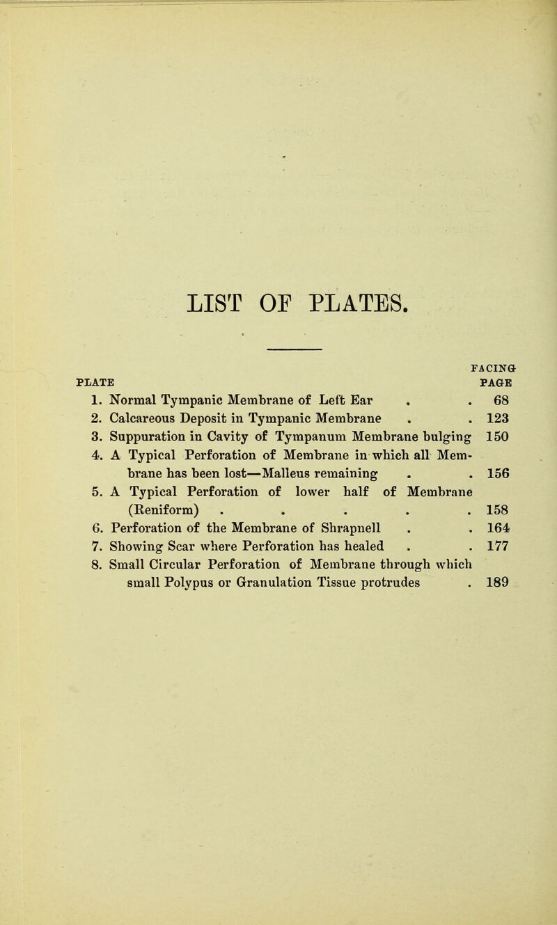 LIST OF PLATES. FACING PLATE PAGE 1. Normal Tympanic Membrane of Left Ear . . 68 2. Calcareous Deposit in Tympanic Membrane , .123 3. Suppuration in Cavity of Tympanum Membrane bulging 150 4. A Typical Perforation of Membrane in which all Mem- brane has been lost—Malleus remaining . . 156 5. A Typical Perforation of lower half of Membrane (Reniform) . . . . .158 6. Perforation of the Membrane of Shrapnell . . 164 7. Showing Scar where Perforation has healed . .177 8. Small Circular Perforation of Membrane through which small Polypus or Granulation Tissue protrudes . 189