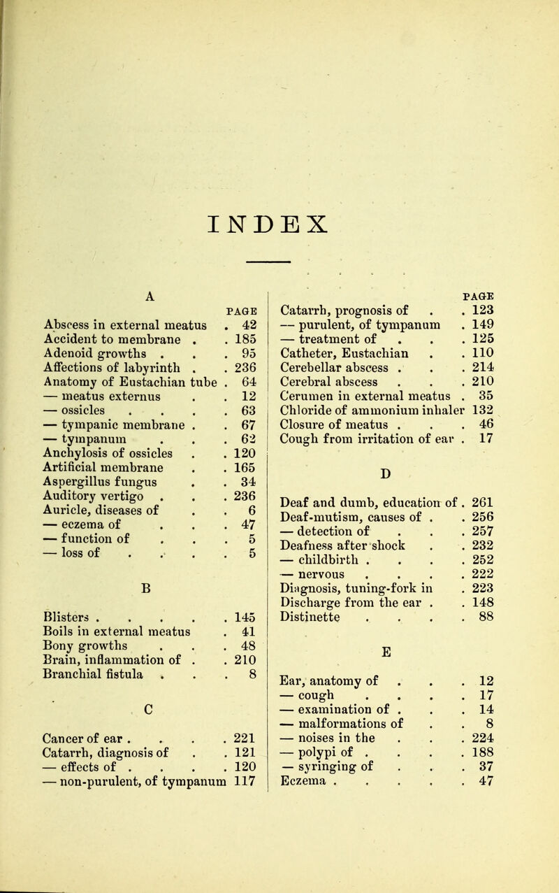 INDEX PAGE Abscess in external meatus . 42 Accident to membrane . . 185 Adenoid growths . . 95 Affections of labyrinth . . 236 Anatomy of Eustachian tube . 64 — meatus externus . 12 — ossicles . 63 — tympanic membrane . . 67 f \/in Tin 11 n iyi 62 Anchylosis of ossicles 120 Artificial membrane 165 Aspergillus fungus ! 34 Auditory vertigo . 236 Auricle, diseases of . 6 — eczema of . 47 — function of . 5 — loss of . 5 B Blisters .... . 145 Boils in external meatus . 4,1 Bony growths . 48 Brain, inflammation of . . 210 Branchial fistula . 8 C Cancer of ear . . 221 Catarrh, diagnosis of . 121 — effects of . . 120 — non-purulent, of tympanum 117 PAGE Catarrh, prognosis of . . 123 — purulent, of tympanum . 149 — treatment of 125 I Catheter, Eustachian . .110 Cerebellar abscess . . . 214 J Cerebral abscess . . .210 j Cerumen in external meatus . 35 Chloride of ammonium inhaler 132 Closure of meatus . . .46 Cough from irritation of ear . 17 D Deaf and dumb, education of . 261 Deaf-mutism, causes of . . 256 — detection of 257 Deafness after shock . . 232 — childbirth . . . .252 — nervous .... 222 Diagnosis, tuning-fork in . 223 Discharge from the ear . . 148 Distinette .... 88 E Ear, anatomy of . .12 — cough . . . .17 — examination of . . .14 — malformations of . . 8 — noises in the . . . 224 — polypi of . . . .188 — syringing of . . 37 Eczema . . . .47