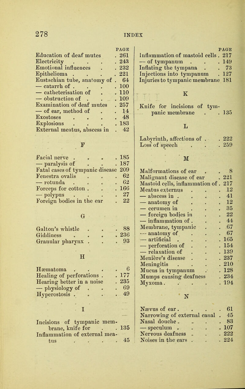 PAGE Education of deaf mutes . 261 Electricity . . . .243 Emotional influences . . 232 Epithelioma . . . .221 Eustachian tube, anatomy of . 64 — catarrh of . . . . 100 — catheterisation of . .110 — obstruction of . . „ . 109 Examination of deaf mutes . 257 — of ear, method of . .14 Exostoses . . . .48 Explosions .... 183 External meatus, abscess in . 42 F Facial nerve . . . .185 — paralysis of . . . 187 Fatal cases of tympanic disease 209 Fenestra ovalis . . .62 — rotunda . . . .62 Forceps for cotton . . . 166 — polypus . . . . 27 Foreign bodies in the ear . 22 G Galton's whistle . . .88 Giddiness .... 236 Granular pharynx . . .93 H Hsematoma .... 6 Healing of perforations . . 177 Hearing better in a noise . 235 — pbysiology of . .69 Hyperostosis . . . .49 Incisions of tympanic mem- brane, knife for . . 135 Inflammation of external mea- tus .... 45 PAGE Inflammation of mastoid cells . 217 — of tympanum . . . 149 Inflating the tympana . . 73 Injections into tympanum . 127 Injuries to tympanic membrane 181 K Knife for incisions of tym- panic membrane . .135 L Labyrinth, affections of . . 222 Loss of speech , . .259 M Malformations of ear . . 8 Malignant disease of ear . 221 Mastoid cells, inflammation of . 217 Meatus externus . . .12 — abscess in . . . .41 — anatomy of . . .12 — cerumen in . . .35 — foreign bodies in . .22 — inflammation of . . .44 Membrane, tympanic . .67 ■— anatomy of . . .67 — artificial . . . . 165 — perforation of . .154 — relaxation of 139 Meniere's disease . . . 237 Meningitis .... 210 Mucus in tympanum . . 128 Mumps causing deafness . 234 Myxoma. . . . .194 N Nsevus of ear. . 61 Narrowing of external canal . 45 Nasal douche . „ . 83 — speculum . . 107 Nervous deafness . 222 Noises in the ears . 224