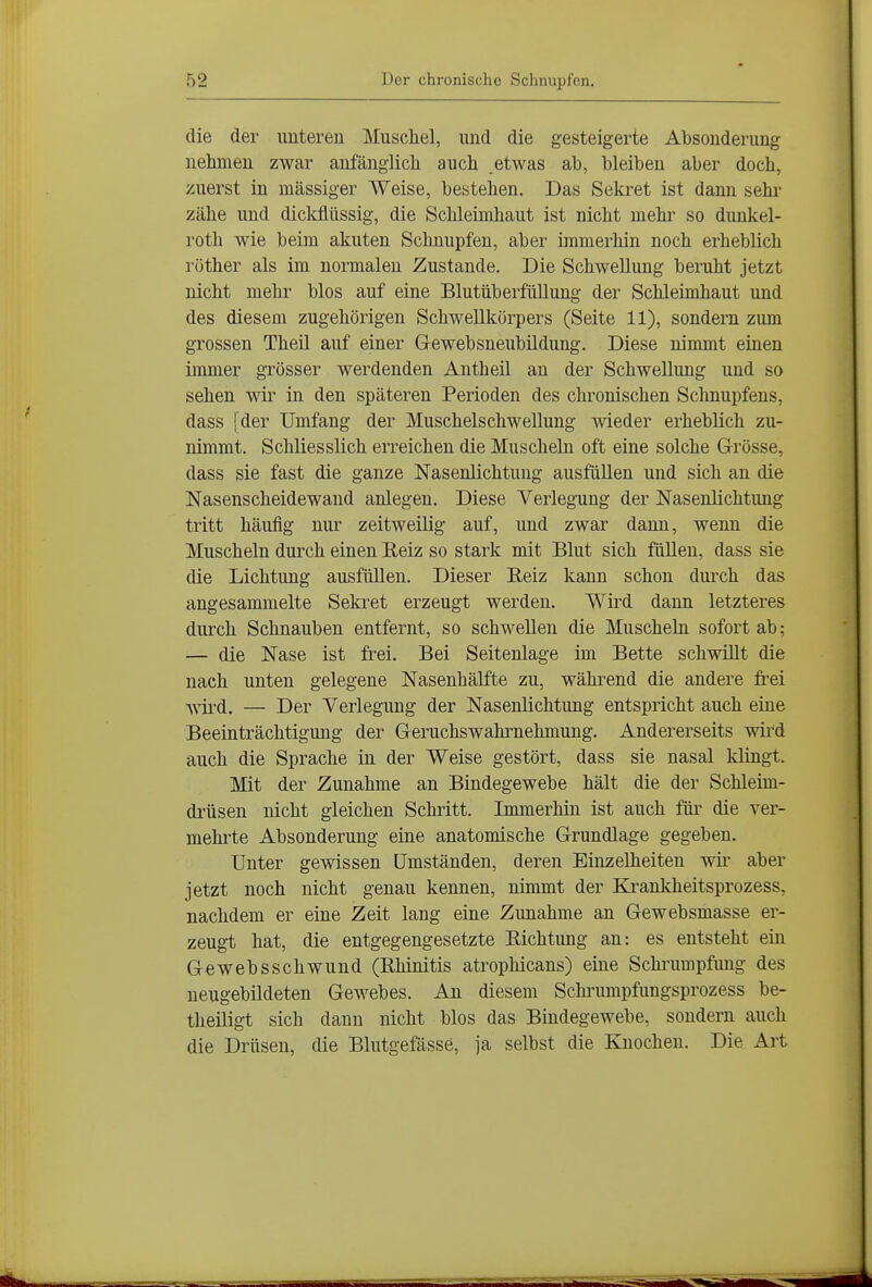 die der unteren Muschel, und die gesteigerte Absonderung nehmen zwar anfänglich auch etwas ab, bleiben aber doch, zuerst in massiger Weise, bestehen. Das Sekret ist dann sehi- zähe und dickflüssig, die Schleimhaut ist nicht mehr so dunkel- roth wie beim akuten Schnupfen, aber immerhin noch erheblich rüther als im normalen Zustande. Die Schwellung beruht jetzt nicht mehr blos auf eine Blutüberfüllung der Schleimhaut und des diesem zugehörigen Schwellkörpers (Seite 11), sondern zum grossen Theil auf einer G-ewebsneubildung. Diese nimmt einen immer grösser werdenden Antheil an der Schwellung und so sehen wii' in den späteren Perioden des chronischen Schnupfens, dass | der Umfang der Muschelschwellung wieder erheblich zu- nimmt. Schliesslich erreichen die Muscheln oft eine solche Grösse, dass sie fast die ganze Nasenlichtung ausfüllen und sich an die Nasenscheidewand anlegen. Diese Verlegung der Nasenlichtung tritt häufig nur zeitweilig auf, und zwar dann, wenn die Muscheln durch einen Reiz so stark mit Blut sich füUen, dass sie die Lichtung ausfüllen. Dieser Reiz kann schon durch das angesammelte Sekret erzeugt werden. Wird dann letzteres durch Schnauben entfernt, so schwellen die Muscheln sofort ab; — die Nase ist frei. Bei Seitenlage im Bette schwillt die nach unten gelegene Nasenhälfte zu, während die andere frei Avird, — Der Verlegung der Nasenlichtung entspricht auch eine Beeinträchtigung der Geruchswahrnehmung. Andererseits wii'd auch die Sprache in der Weise gestört, dass sie nasal klingt. Mit der Zunahme an Bindegewebe hält die der Schleim- di'üsen nicht gleichen Schritt. Immerhin ist auch für die ver- mehrte Absonderung eine anatomische Grundlage gegeben. Unter gewissen Umständen, deren Einzelheiten wii' aber jetzt noch nicht genau kennen, nimmt der Bj-ankheitsprozess, nachdem er eine Zeit lang eine Zunahme an Gewebsmasse er- zeugt hat, die entgegengesetzte Richtung an: es entsteht ein Gewebsschwund (Rhinitis atrophicans) eine Schi'uuipfung des neugebildeten Gewebes. An diesem Schrumpfungsprozess be- theiligt sich dann nicht blos das Bindegewebe, sondern auch die Drüsen, die Blutgefässe, ja selbst die Knochen. Die Art