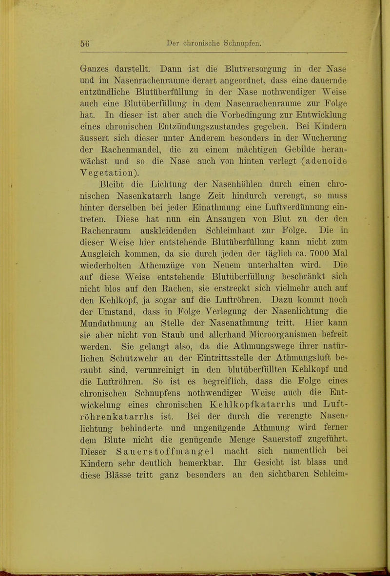 Ganzes darstellt. Dann ist die Blutversorgung in der Nase und im Nasenrachenräume derart angeordnet, dass eine dauernde entzündliche Blut Überfüllung in der Nase nothwendiger Weise auch eine Blutüberfüllung in dem Nasenrachenräume zui' Folge hat. In dieser ist aber auch die Vorbedingung zur Entwicklung eines chronischen Entzündungszustandes gegeben. Bei Kindern äussert sich dieser unter Anderem besonders in der Wucherung der Rachenmandel, die zu einem mächtigen Gebilde heran- wächst und so die Nase auch von hinten verlegt (adenoide Vegetation). Bleibt die Lichtung der Nasenhöhlen durch einen chi'o- nischen Nasenkatarrh lange Zeit hindurch verengt, so muss hinter derselben bei jeder Einathmimg eine Luftverdünnung ein- treten. Diese hat nun ein Ansaugen von Blut zu der den Eachenraum auskleidenden Schleimhaut zur Folge. Die in dieser Weise hier entstehende Blutüberfüllung kann nicht zum Ausgleich kommen, da sie durch jeden der täglich ca. 7000 Mal wiederholten Athemzüge von Neuem unterhalten wii'd. Die auf diese Weise entstehende Blutüberfüllung beschränkt sich nicht blos auf den Rachen, sie erstreckt sich vielmehr auch auf den Kehlkopf, ja sogar auf die Luftröhren. Dazu kommt noch der Umstand, dass in Folge Verlegung der Nasenlichtung die Mundathmung an Stelle der Nasenathmung tritt. Hier kann sie aber nicht von Staub und allerhand Microorganismen befreit werden. Sie gelangt also, da die Atlimungswege ihrer natür- lichen Schutzwehr an der Eintrittsstelle der Athmungsluft be- raubt sind, verunreinigt in den blutüberfüllten Kehlkopf und die Luftröhren. So ist es begreiflich, dass die Folge eines chronischen Schnupfens nothwendiger Weise auch die Ent- vsdckelung eines chronischen Kehlkopfkatarrhs und Luft- röhrenkatarrhs ist. Bei der durch die verengte Nasen- lichtung behinderte und ungenügende Athmung wii*d ferner dem Blute nicht die genügende Menge Sauerstoff zugeführt. Dieser Sauerstoffmangel macht sich namentlich bei Kindern sehr deutlich bemerkbar. Ihr Gesicht ist blass und diese Blässe tritt ganz besonders an den sichtbaren Schleim-