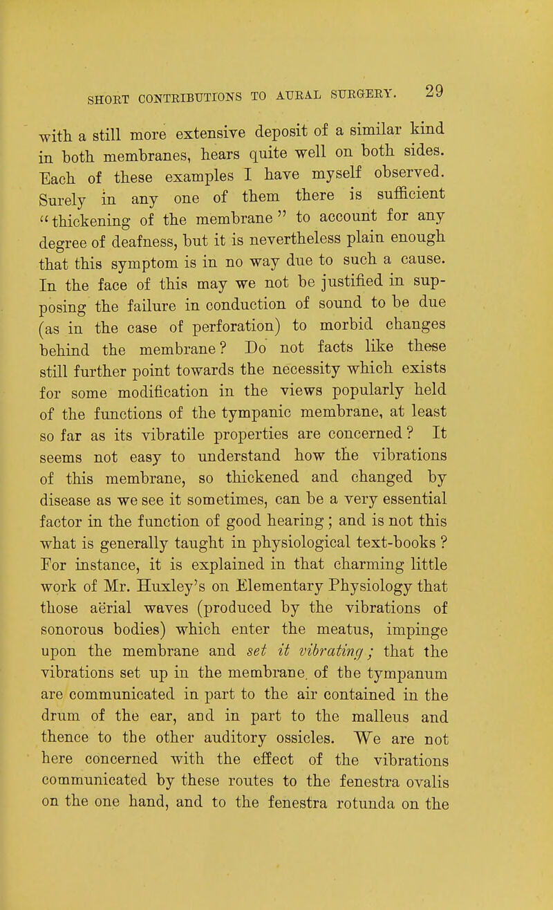 with a still more extensive deposit of a similar kind in both membranes, hears quite well on both sides. Each of these examples I have myself observed. Surely in any one of them there is sufficient thickening of the membrane to account for any degree of deafness, but it is nevertheless plain enough that this symptom is in no way due to such a cause. In the face of this may we not be justified in sup- posing the failure in conduction of sound to be due (as in the case of perforation) to morbid changes behind the membrane? Do not facts like these still further point towards the necessity which exists for some modification in the views popularly held of the functions of the tympanic membrane, at least so far as its vibratile properties are concerned ? It seems not easy to understand how the vibrations of this membrane, so thickened and changed by disease as we see it sometimes, can be a very essential factor in the function of good hearing ; and is not this what is generally taught in physiological text-books ? Por instance, it is explained in that charming little work of Mr. Huxley's on Elementary Physiology that those aerial waves (produced by the vibrations of sonorous bodies) which enter the meatus, impinge upon the membrane and set it vibrating; that the vibrations set up in the membrane, of the tympanum are communicated in part to the air contained in the drum of the ear, and in part to the malleus and thence to the other auditory ossicles. We are not here concerned with the effect of the vibrations communicated by these routes to the fenestra ovalis on the one hand, and to the fenestra rotunda on the