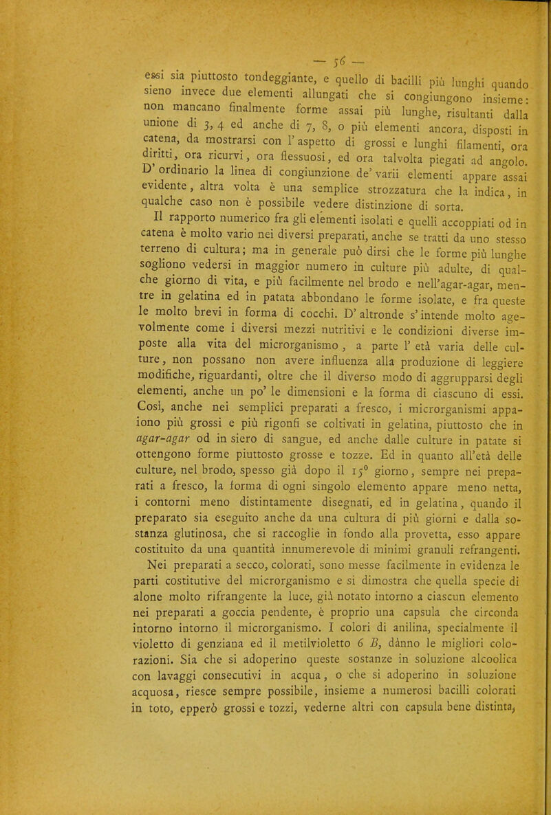 -sp- essì sia piuttosto tondeggiante, e quello di bacilli più lunghi quando sieno invece due elementi allungati che si congiungono insieme- non mancano finalmente forme assai più lunghe, risultami dalla umone di 3, 4 ed anche di 7, 8, o più elementi ancora, disposti in catena, da mostrarsi con l'aspetto di grossi e lunghi filamenti, ora diritti, ora ricurvi, ora flessuosi, ed ora talvolta piegati ad angolo D ordinario la linea di congiunzione de' varii elementi appare assai evidente, altra volta è una semplice strozzatura che la indica, in qualche caso non è possibile vedere distinzione di sorta. Il rapporto numerico fra glielememi isolati e quelli accoppiati od in catena è molto vario nei diversi preparati, anche se tratti da uno stesso terreno di cultura; ma in generale può dirsi che le forme più lunghe sogliono vedersi in maggior numero in culture più adulte, di qual- che giorno di vita, e più facilmente nel brodo e nell'agar-agar, men- tre in gelatina ed in patata abbondano le forme isolate, e fra queste le molto brevi in forma di cocchi. D' altronde s'intende molto age- volmente come i diversi mezzi nutritivi e le condizioni diverse im- poste alla vita del microrganismo , a parte 1' età varia delle cul- ture, non possano non avere influenza alla produzione di leggiere modifiche^ riguardanti, oltre che il diverso modo di aggrupparsi degli elementi, anche un po' le dimensioni e la forma di ciascuno di essi. Cosi, anche nei semplici preparati a fresco, i microrganismi appa- iono più grossi e più rigonfi se coltivati in gelatina, piuttosto che in agar-agar od in siero di sangue, ed anche dalle culture in patate si ottengono forme piuttosto grosse e tozze. Ed in quanto all'età delle culture, nel brodo, spesso già dopo il 15 giorno, sempre nei prepa- rati a fresco, la forma di ogni singolo elemento appare meno netta, i contorni meno distintamente disegnati, ed in gelatina, quando il preparato sia eseguito anche da una cultura di più giorni e dalla so- stanza glutinosa, che si raccoglie in fondo alla provetta, esso appare costituito da una quantità innumerevole di minimi granuli refrangenti. Nei preparati a secco, colorati, sono messe facilmente in evidenza le parti costitutive del microrganismo e si dimostra che quella specie di alone molto rifrangente la luce, già notato intorno a ciascun elemento nei preparati a goccia pendente, è proprio una capsula che circonda intorno intorno il microrganismo. I colori di anilina, specialmente il violetto di genziana ed il metilvioletto 6 B, dànno le migliori colo- razioni. Sia che si adoperino queste sostanze in soluzione alcoolica con lavaggi consecutivi in acqua, o che si adoperino in soluzione acquosa, riesce sempre possibile, insieme a numerosi bacilli colorati in toto, epperò grossi e tozzi, vederne altri con capsula bene distinta,