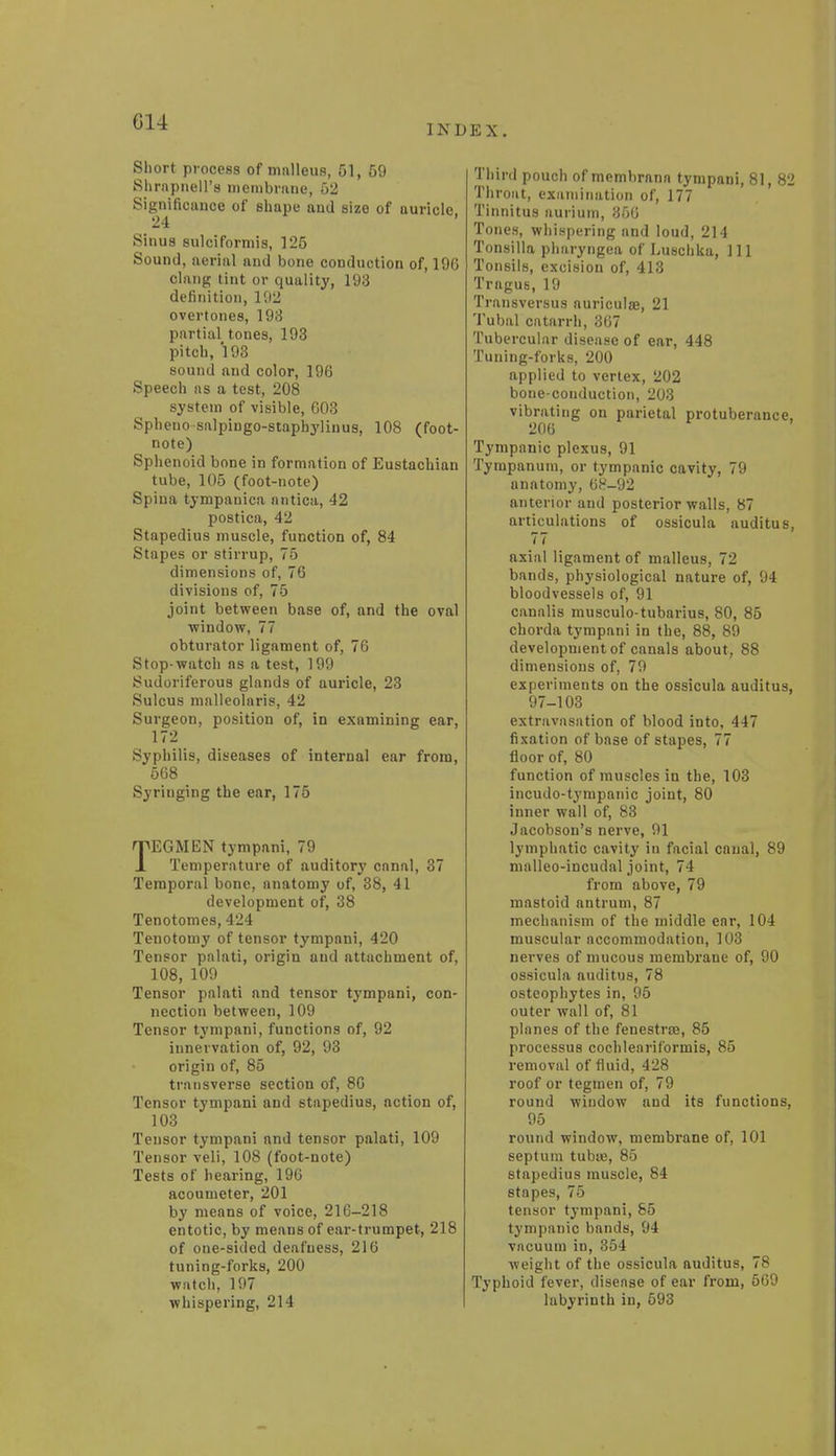 Short process of malleus, 51, 59 Shrapnell's membrane, 62 Significance of 6hape and size of auricle, 24 Sinus sulciformis, 125 Sound, aerial and bone conduction of, 19G clang tint or quality, 193 definition, 192 overtones, 193 partial tones, 193 pitch, 193 sound and color, 196 Speech as a test, 208 system of visible, 603 Spheno salpingo-staphylinus, 108 (foot- note) Sphenoid bone in formation of Eustachian tube, 105 (foot-note) Spina tympauica antica, 42 postica, 42 Stapedius muscle, function of, 84 Stapes or stirrup, 75 dimensions of, 76 divisions of, 75 joint between base of, and the oval window, 77 obturator ligament of, 76 Stop-watch as a test, 199 Sudoriferous glands of auricle, 23 Sulcus malleolaris, 42 Surgeon, position of, in examining ear, 172 Syphilis, diseases of internal ear from, 568 Syringing the ear, 175 TEGMEN tympani, 79 Temperature of auditory canal, 37 Temporal bone, anatomy of, 38, 41 development of, 38 Tenotomes, 424 Tenotomy of tensor tympani, 420 Tensor palati, origin and attachment of, 108, 109 Tensor palati and tensor tympani, con- nection between, 109 Tensor tympani, functions of, 92 innervation of, 92, 93 origin of, 85 transverse section of, 86 Tensor tympani and stapedius, action of, 103 Tensor tympani and tensor palati, 109 Tensor veli, 108 (foot-note) Tests of hearing, 196 acoumeter, 201 by means of voice, 216-218 entotic, by means of ear-trumpet, 218 of one-sided deafness, 216 tuning-forks, 200 watch, 197 whispering, 214 EX. Third pouch of membrana tympani, 81, 82 Throat, examination of, 177 Tinnitus aurium, 356 Tones, whispering and loud, 214 Tonsilla pharyngea of Luschka, 111 Tonsils, excision of, 413 Tragus, 19 Transversus auriculae, 21 Tubal catarrh, 367 Tubercular disease of ear, 448 Tuning-forks, 200 applied to vertex, 202 bone-conduction, 203 vibrating on parietal protuberance, 206 Tympanic plexus, 91 Tympanum, or tympanic cavity, 79 anatomy, 6^-92 anterior and posterior walls, 87 articulations of ossicula auditus, 77 axial ligament of malleus, 72 bands, physiological nature of, 94 bloodvessels of, 91 canalis musculo-tubarius, 80, 85 chorda tympani in the, 88, 89 development of canals about, 88 dimensions of, 79 experiments on the ossicula auditus, 97-103 extravasation of blood into, 447 fixation of base of stapes, 77 floor of, 80 function of muscles in the, 103 incudo-tympanic joint, 80 inner wall of, 83 Jacobson's nerve, 91 lymphatic cavity in facial canal, 89 malleo-incudal joint, 74 from above, 79 mastoid antrum, 87 mechanism of the middle ear, 104 muscular accommodation, 103 nerves of mucous membrane of, 90 ossicula auditus, 78 osteophytes in, 95 outer wall of, 81 planes of the fenestrae, 85 processus cochleoriformis, 85 removal of fluid, 428 roof or tegmen of, 79 round window and its functions, 95 round window, membrane of, 101 septum tubie, 85 stapedius muscle, 84 stapes, 75 tensor tympani, 85 tympanic bands, 94 vacuum in, 354 weight of the ossicula auditus, 78 Typhoid fever, disease of ear from, 569 labyrinth in, 593