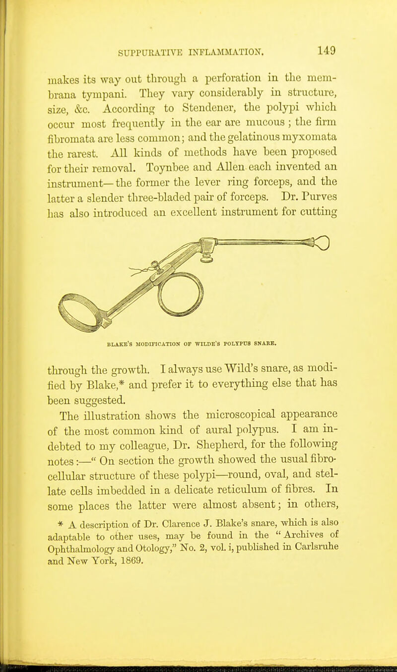 makes its way out through a perforation in the mem- brana tympani. They vary considerably in structure, size, &c. According to Stendener, the polypi which occur most frequently in the ear are mucous ; the firm fibromata are less common; and the gelatinous myxomata the rarest. All kinds of methods have been proposed for their removal. Toynbee and Allen each invented an instrument—the former the lever ring forceps, and the latter a slender three-bladed pair of forceps. Dr. Purves has also introduced an excellent instnunent for cutting through the growth. I always use Wild's snare, as modi- fied by Blake * and prefer it to everything else that lias been suggested. The illustration shows the microscopical appearance of the most common kind of aural polypus. I am in- debted to my colleague, Dr. Shepherd, for the following notes:— On section the growth showed the usual fibro- cellular structure of these polypi—round, oval, and stel- late cells imbedded in a delicate reticulum of fibres. In some places the latter were almost absent; in others, * A description of Dr. Clarence J. Blake's snare, which is also adaptable to other uses, may be found in the Archives of Ophthalmology and Otology, No. 2, vol. i, published in Carlsruhe and New York, 1869. blare's MODEFICATION of WILDE'S POLTPnS SNAKE.