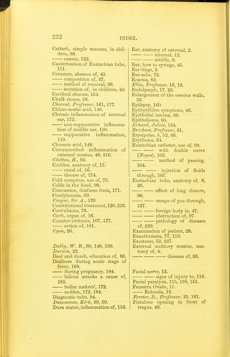 Cattai'li, simple mucous, in chil- dren, 88. oztenic, 122. Cauterization of Eustachian tube, 111. Cerumen, absence of, 40. composition of, 37. method of removal, 36. secretion of, in childi-en, 40. Cerebral abscess, 154. Chalk stones, 58. Charcot, Professor, 161, 177. Chloro-acetic acid, 148. Chronic inflammation of internal ear, 172. non-suppurative inflamma- tion of middle ear, 106. supiDui-ative inflammation, 119. Chromic acid, 148. Circumscribed inflammation of external meatus, 48, 216. Chitton, B:., 93. Cochlea, anatomy of, 15. canal of, 16. disease of, 174. Cold comjaress, use of, 75. Colds in the head, 98. Concussion, deafness from, 171. Condylomata, 69. Cooper, Sir A., 129. Constitutional treatment, 120,223. Convulsions, 73. Corti, organ of, 16. Counter-ii-ritants, 167, 177. action of, 181. Cyon, 26. Dolby, W. B., 60, 148, 196. Darivin, 23. Deaf and dumb, education of, 85. Deafness during acute stage of fever, 168. during pregnancy, 184. bilious attacks a cause of, 185. boiler makers', 172. sudden, 172, 184. Diagnostic tube, 94. Duncanson, Kirh, 39, 59. Duja mater, inflammation of, 153. Ear, anatomy of external, 2. internal, 12. middle, 6. Ear, how to syringe, 4-5. Ear-rings, 3. Ear-ache, 72. Eczema, 62. Mlis, Professor, 16, 18. Endolymph, 17, 22. Enlargement of the osseous walls, 53. Epilepsy, 160. Epileptiform symptoms, 46. Epithelial laminEe, 39. Epithelioma, 60. Hrhard, Julius, 134. Urichsen, Professor, 61. Erysipelas, 5, 52, 66. Erythema, 64. Eustachian catheter, use of, 99. with double curve {Noyes), 102. method of passing, 104. injection of fluids through, 107. Eustachian tube, anatomy of, 8, 26. effect of long closure, 96. escape of pus through, 137. foreign body in, 47. obstruction of, 97. pathology of diseases of, 229. . Examination of patient, 28. Exanthemata, 77, 119. Exostoses, 53, 227. External auditory meatus, ana- tomy of, 4. diseases of, 36. Eacial nerve, 12. signs of injury to, 116. Facial paralysis, 115, 138, 151. Fenestra Ovalis, 11. Rotunda, 12. Ferrier,D., Professor, 25, 161. Fistulous opening in front of tragus, 48.