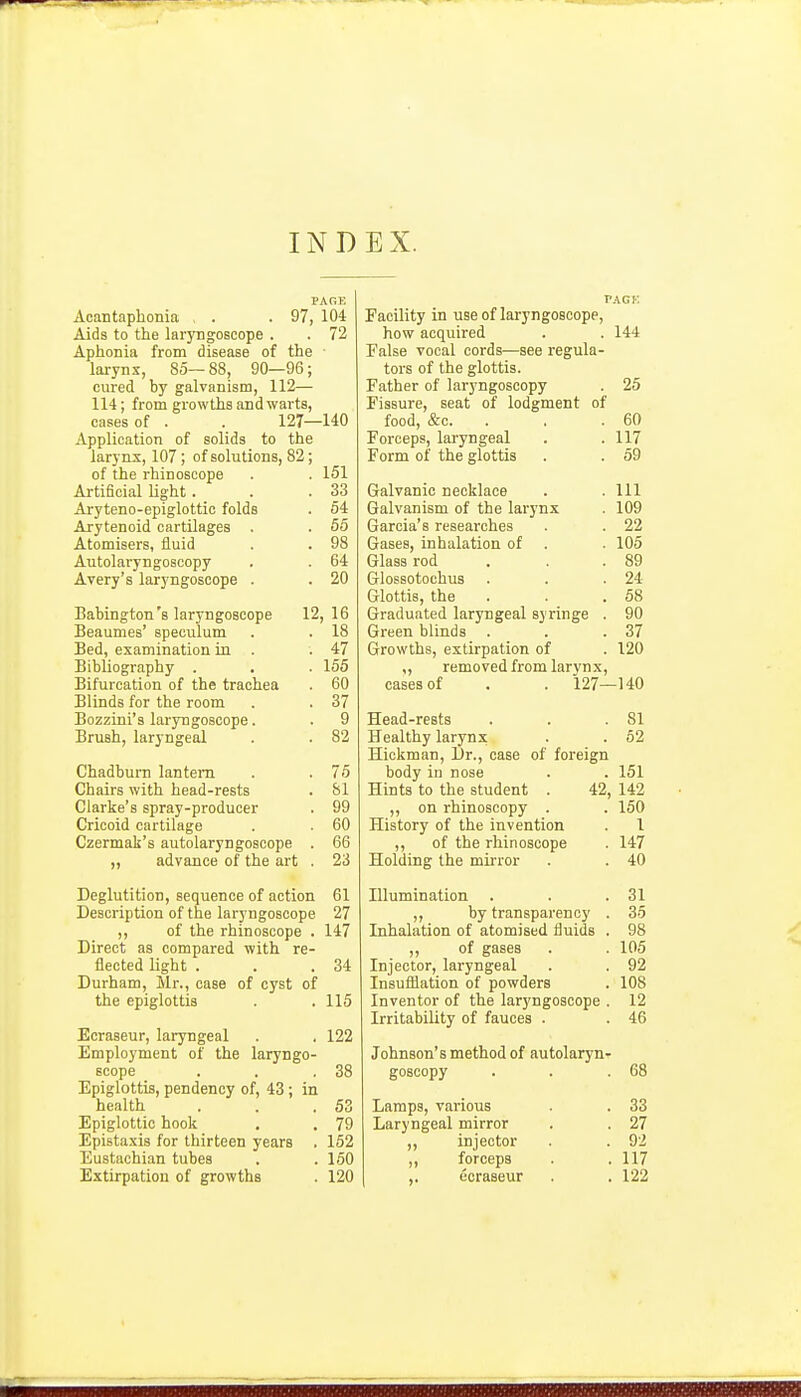 IND EX. PAGE Acantaphonia . . .97, 104 Aids to the laryngoscope . . 72 Aphonia from disease of the ■ larynx, 85—88, 90—96; cured by galvanism, 112— 114; from growths and warts, cases of . . 127—140 Application of solids to the larynx, 107; of solutions, 82; of the rhinoscope . . 151 Artificial light. . .33 Aryteno-epiglottic folds . 54 Arytenoid cartilages . . 55 Atomisers, fluid . . 98 Autolaryngosoopy . . 64 Avery's laryngoscope . . 20 Babington's laryngoscope 12, 16 Beaumes' speculum . . 18 Bed, examination in . .47 Bibliography . . . 155 Bifurcation of the trachea . 60 Blinds for the room . . 37 Bozzini's laryngoscope. . 9 Brush, laryngeal . . 82 Chadburn lantern . . 75 Chairs with head-rests . 81 Clarke's spray-producer . 99 Cricoid cartilage . . 60 Czermak's autolaryngoscope . 66 „ advance of the art . 23 Deglutition, sequence of action 61 Description of the laryngoscope 27 ,, of the rhinoscope . 147 Direct as compared with re- flected light . . .34 Durham, Mr., case of cyst of the epiglottis . .115 Ecraaeur, laryngeal . , 122 Employment of the laryngo- scope . . .38 Epiglottis, pendency of, 43 ; in health . . .53 Epiglottic hook . . 79 Epistaxis for thirteen years , 162 Eustachian tubes . .150 Extirpation of growths . 120 PACK Facility in use of laryngoscope, how acquired . . 144 False vocal cords—see regula- tors of the glottis. Father of laryngoscopy . 25 Fissure, seat of lodgment of food, &c. . . . 60 Forceps, laryngeal . . 117 Form of the glottis . . 59 Galvanic necklace . . Ill Galvanism of the larynx . 109 Garcia's researches . . 22 Gases, inhalation of . . 105 Glass rod . . .89 Glossotochus . . .24 Glottis, the . . . 68 Graduated laryngeal syringe . 90 Green blinds . . .37 Growths, extirpation of . 120 ,, removed from larynx, cases of . . 127—140 Head-rests . . .81 Healthy larynx . . 62 Hickman, Dr., case of foreign body in nose . . 151 Hints to the student . 42, 142 ,, on rhinoscopy . . 160 History of the invention . I ,, of the rhinoscope . 147 Holding the mirror . . 40 Hlumination . . .31 ,, by transparency . 36 Inhalation of atomised iiuids . 98 ,, of gases . . 105 Injector, laryngeal . . 92 Insufflation of powders . 108 Inventor of the laryngoscope . 12 Irritability of fauces . . 46 Johnson's method of autolarynr goscopy . . .68 Lamps, various . . 33 Laryngeal mirror . . 27 ,, injector . . 92 ,, forceps . . 117 ,. ecraaeur . . 122