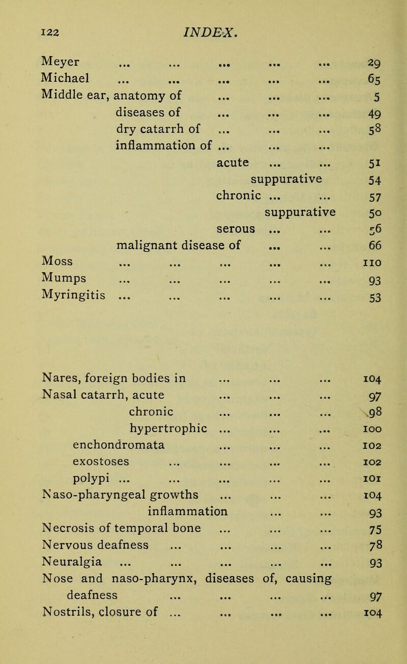 Meyer ... ... ... ... ... 29 Michael ... ... ... ... ... 65 Middle ear, anatomy of ... ... ... 5 diseases of ... ... ... 49 dry catarrh of ... ... ... 58 inflammation of ... acute ... ... 51 suppurative 54 chronic ... ... 57 suppurative 50 serous ... ... 56 malignant disease of ... ... 66 Moss ... ... ... ... ... no Mumps ... ... ... ... ... 93 Myringitis ... ... ... ... ... 53 Nares, foreign bodies in ... ... ... 104 Nasal catarrh, acute ... ... ... 97 chronic ... ... ... 98 hypertrophic ... ... ... 100 enchondromata ... ... ... 102 exostoses ... ... ... ... 102 polypi ... ... ... ... ... 101 Naso-pharyngeal growths ... ... ... 104 inflammation ... ... 93 Necrosis of temporal bone ... ... ... 75 Nervous deafness ... ... ... ... 78 Neuralgia ... ... ... ... ... 93 Nose and naso-pharynx, diseases of, causing deafness ... ... ... ... 97 Nostrils, closure of ... ... ... ... 104