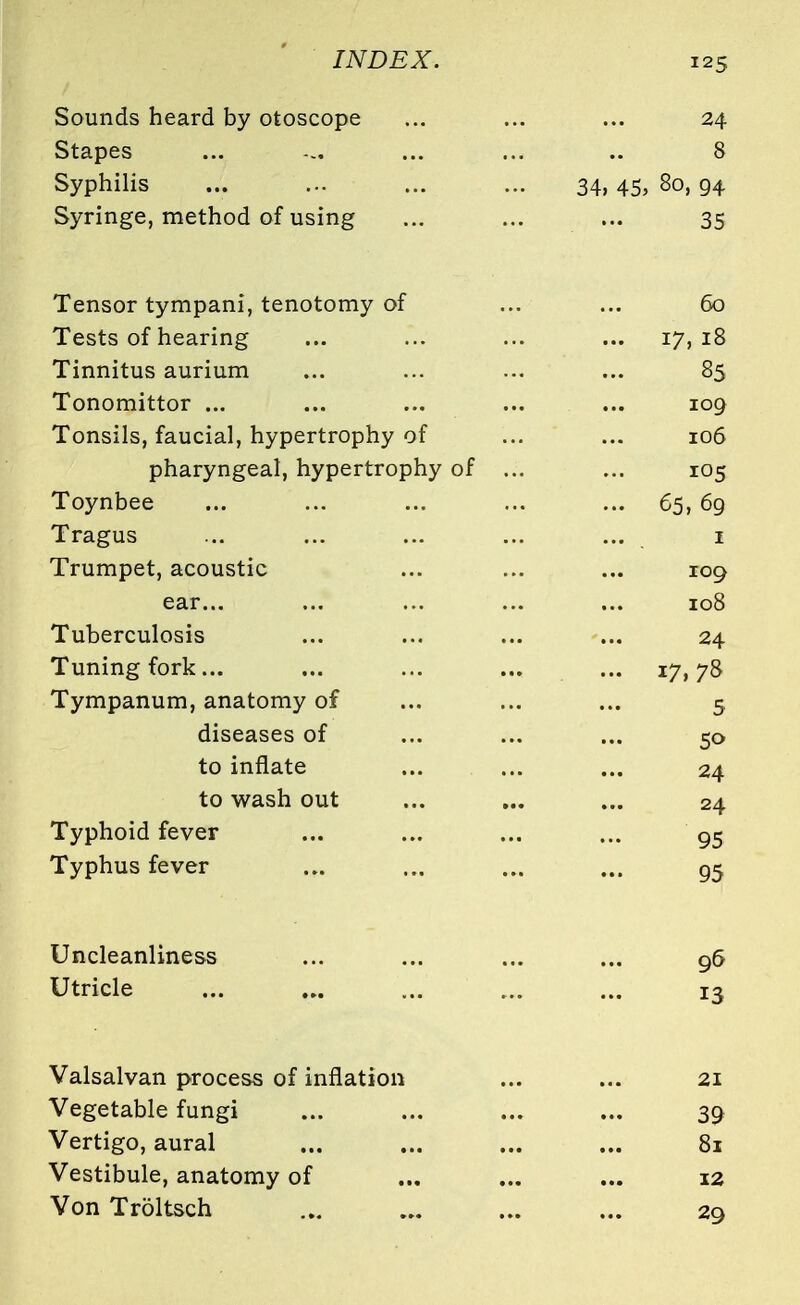 Sounds heard by otoscope ... ... ... 24 Stapes ... ... ... .. 8 Syphilis ... ... ... ... 34, 45, 80, 94 Syringe, method of using ... ... ... 35 Tensor tympani, tenotomy of ... ... 60 Tests of hearing ... ... ... ... 17,18 Tinnitus aurium ... ... ... ... 85 Tonomittor ... ... ... ... ... 109 Tonsils, faucial, hypertrophy of ... ... 106 pharyngeal, hypertrophy of ... ... 105 Toynbee ... ... ... ... ... 65, 69 Tragus ... ... ... ... ... 1 Trumpet, acoustic ... ... ... 109 ear... ... ... ... ... 108 Tuberculosis ... ... ... ... 24 Tuning fork... ... ... ... ... 17,78 Tympanum, anatomy of ... ... ... 5 diseases of ... ... ... 50 to inflate ... ... ... 24 to wash out ... ... ... 24 Typhoid fever ... ... ... ... 95 Typhus fever ... ... ... ... g$ Uncleanliness ... ... ... ... 96 Utricle ... ... ... ... ... 13 Valsalvan process of inflation ... ... 21 Vegetable fungi ... ... ... ... 39 Vertigo, aural ... ... ... ... 81 Vestibule, anatomy of ... ... ... 12 Von Troltsch ... ... ... ... 29