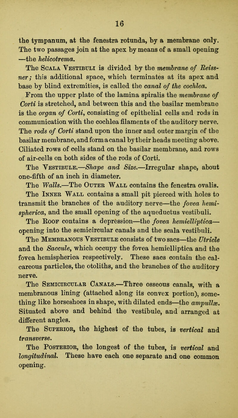 the tympanum, at the fenestra rotunda, by a membrane only. The two passages join at the apex by means of a small opening —the Jielicotrema. The ScALA Vestibuli is divided by the membrane of Reiss- ner; this additional space, which terminates at its apex and base by blind extremities, is called the canal of the cochlea. From the upper plate of the lamina spiralis the membrane of Corti is stretched, and between this and the basilar membrane is the organ of Corti, consisting of epithelial cells and rods in communication with the cochlea filaments of the auditory nerve. The rods of Corti stand upon the inner and outer margin of the basilar membrane, and form a canal by their heads meeting above. Ciliated rows of cells stand on the basilar membrane, and rows of air-cells on both sides of the rods of Corti. The Vestibule.—Shape and Size,—^Irregular shape, about one-fifth of an inch in diameter. The Walls,—The Outer Wall contains the fenestra ovalis. The Inner Wall contains a small pit pierced with holes to transmit the branches of the auditory nerve—^the fovea hemi- spherica, and the small opening of the aqueductus vestibuli. The Roof contains a depression—the fovea hemielliptica— opening into the semicircular canals and the scala vestibuli. The Membranous Vestibule consists of two sacs—the Utricle and the Saccule, which occupy the fovea hemielliptica and the fovea hemispherica respectively. These sacs contain the cal- careous particles, the otoliths, and the branches of the auditory nerve. The Semicircular Canals.—Three osseous canals, with a membranous lining (attached along its convex portion), some- thing like horseshoes in shape, with dilated ends—the ampullse. Situated above and behind the vestibule, and arranged at diflPerent angles. The Superior, the highest of the tubes, is vertical and transverse. The Posterior, the longest of the tubes, is vertical and longitudinal. These have each one separate and one common opening.