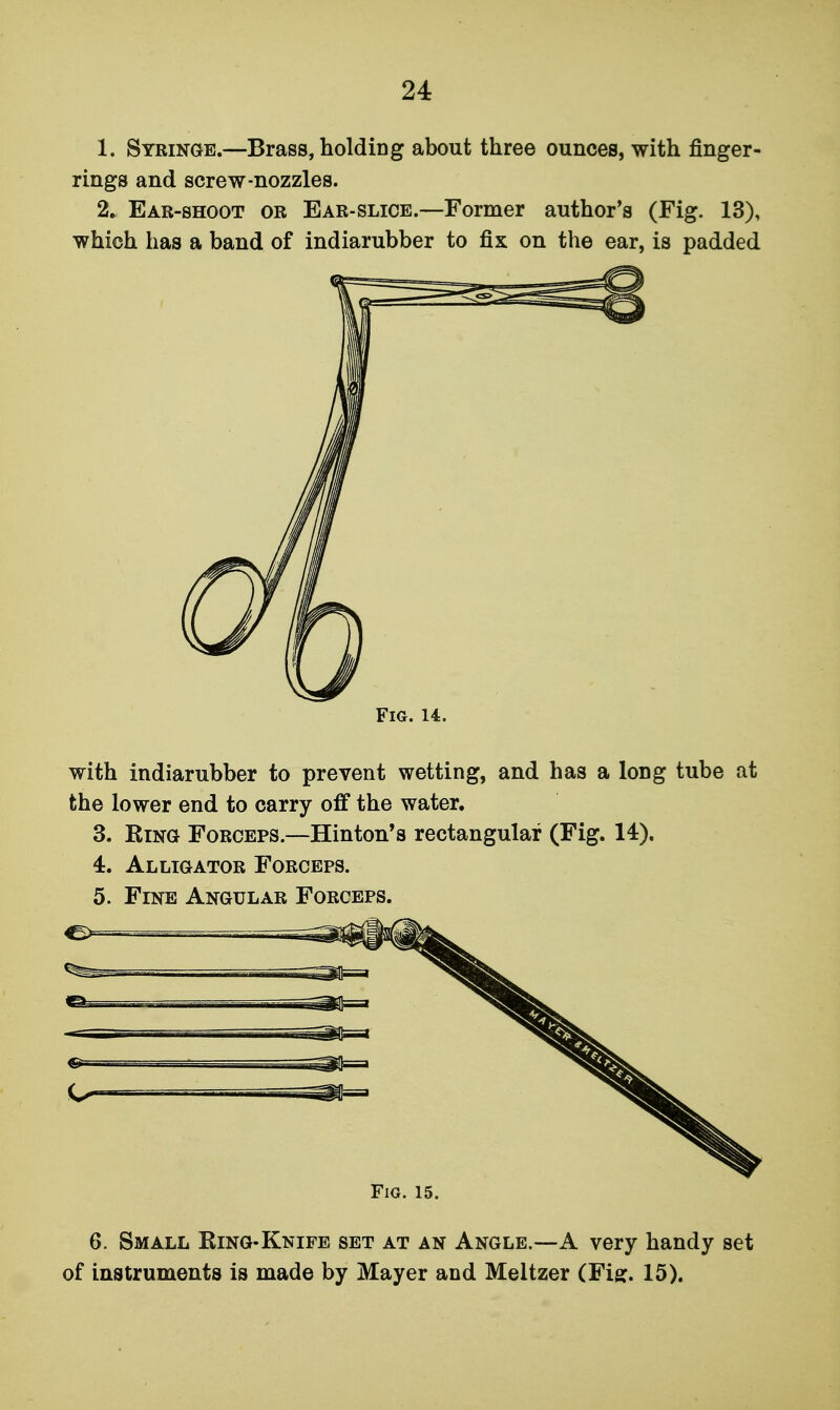 1. Syringe.—Brass, holding about three ounces, with finger- rings and screw-nozzles. 2» Ear-shoot or Ear-slice.—Former author's (Fig. 13), which has a band of indiarubber to fix on the ear, is padded Fig. 14. with indiarubber to prevent wetting, and has a long tube at the lower end to carry off the water. 3. Ring Forceps.—Hinton's rectangular (Fig. 14). 4. Alligator Forceps. 5. Fine Angular Forceps. Fig. 15. 6. Small Eing-Knife set at an Angle.—A very handy set of instruments is made by Mayer and Meltzer (Fig. 15).