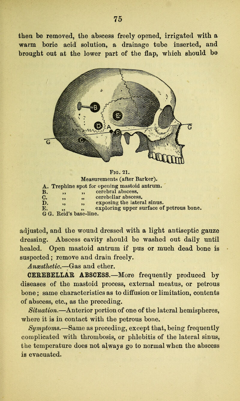 then be removed, the abscess freely opened, irrigated with a warm boric acid solution, a drainage tube inserted, and brought out at the lower part of the flap, which should bo Fig. 21. Measurements (after Barker). A. Trephine spot for opening mastoid antrum. B. cerebral abscess. C. „ „ cerebellar abscess. D. „ „ exposing the lateral sinus. E. „ „ exploring upper surface of petrous bone. GG. Reid's base-line. adjusted, and the wound dressed with a light antiseptic gauze dressing. Abscess cavity should be washed out daily until healed. Open mastoid antrum if pus or much dead bone is suspected; remove and drain freely. Ansesthetic—QaiB and ether. CEEEBELLAR ABSCESS.—More frequently produced by diseases of the mastoid process, external meatus, or petrous bone; same characteristics as to diffusion or limitation, contents of abscess, etc., as the preceding. Situation.—Anterior portion of one of the lateral hemispheres, where it is in contact with the petrous bone. Symptoms.—Same as precediog, except that, being frequently complicated with thrombosis, or phlebitis of the lateral sinus, the temperature does not always go to normal when the abscess is evacuated.