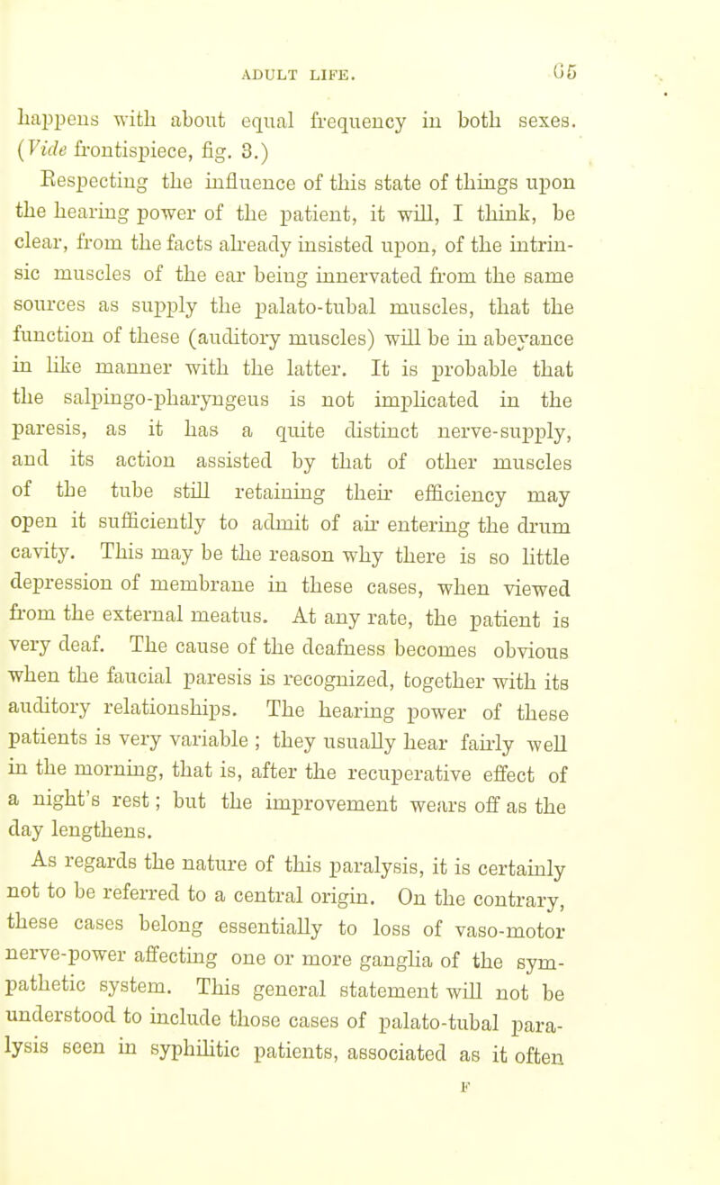 laapi^ens -nitli about equal frequency in both sexes. {Vide frontispiece, fig. 3.) Eespectiug the influence of this state of things upon the hearing power of the patient, it will, I think, be clear, from the facts akeady insisted upon, of the intrin- sic muscles of the ear being innervated from the same sources as supply the palato-tubal muscles, that the function of these (auditory muscles) will be in abeyance in hke manner with the latter. It is jprobable that the salpingo-pharyngeus is not imphcated in the paresis, as it has a quite distinct nerve-supply, and its action assisted by that of other muscles of the tube still retaining their efficiency may open it sufficiently to admit of air entering the drum cavity. This may be the reason why there is so little depression of membrane in these cases, when viewed fi-om the external meatus. At any rate, the patient is very deaf. The cause of the deafness becomes obvious when the faucial paresis is recognized, together with its auditory relationships. The hearmg power of these patients is very variable ; they usually hear fauiy well in the morning, that is, after the recuperative effect of a night's rest; but the improvement wears off as the day lengthens. As regards the nature of this paralysis, it is certainly not to be referred to a central origm. On the contrary, these cases belong essentiaUy to loss of vaso-motor nerve-power affectmg one or more ganglia of the sym- pathetic system. This general statement will not be understood to include those cases of palato-tubal para- lysis seen m syphihtic patients, associated as it often F