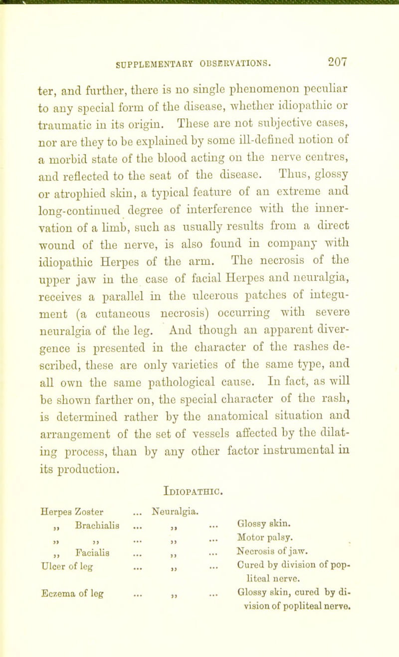 ter, and fiu-tber, there is no single phenomenon pecnUar to any special form of the disease, whether idiopathic or traumatic iu its origin. These are not subjective cases, nor are they to be explained by some ill-defined notion of a morbid state of the blood acting on the nerve centres, and reflected to the seat of the disease. Thus, glossy or atrophied skin, a typictil feature of an extreme and long-continued degree of mterference with the inner- vation of a hmb, such as usually results from a du'ect wound of the nerve, is also found in company with idiopathic Herpes of the arm. The necrosis of the upper jaw iu the case of facial Herpes and neuralgia, receives a parallel in the ulcerous patches of integu- ment (a cutaneous necrosis) occurring with severe neuralgia of the leg. And though an apparent diver- gence is presented in the character of the rashes de- scribed, these are only varieties of the same type, and all own the same pathological cause. In fact, as will be shown farther on, the special character of the rash, is determined rather by the anatomical situation and arrangement of the set of vessels affected by the dilat- ing process, than by any other factor instrumental in its production. ImOPATHIC. Herpes Zoster ,, Brachialis )> j> „ Faoialia Ulcer of leg Eczema of log Neuralgia. Glossy skin. Motor palsy. Necrosis of jaw. Cured by division of pop- liteal nerve. Glossy skin, cured by di- vision of popliteal nerve.