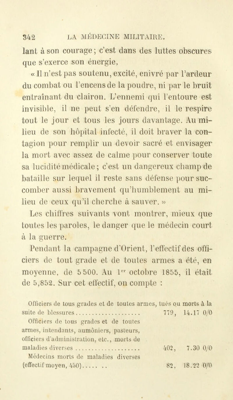 lant à son courage; c'est dans des luttes obscures que s'exerce son énergie. « Il n'est pas soutenu, excité, enivré par l'ardeur du combat ou l'encens de la poudre, ni par le bruit entraînant du clairon. L'ennemi qui l'entoure est invisible, il ne peut s'en défendre, il le respire tout le jour et tous les jours davantage. Au mi- lieu de son hôpital infecté, il doit braver la con- tagion pour remplir un devoir sacré et envisager la mort avec assez de calme pour conserver toute sa lucidité médicale; c'est un dangereux champ de bataille sur lequel il reste sans défense pour suc- comber aussi bravement qu'humblement au mi- lieu de ceux qu'il cherche à sauver. » Les chiffres suivants vont montrer, mieux que toutes les paroles, Le danger que le médecin court à la guerre. Pendant la campagne d'Orient, Tellectif des offi- ciers de tout grade et de toutes armes a été, en moyenne, de 5 500. Au 1' octobre 1855, il était de 5,852. Sur cet effectif, on compte : Officiers de tous grades et de toutes armes, tués ou morts à la suite de blessures 779, 14.17 0/0 Officiers de tous grades et de toutes armes, intendants, aumôniers, pasteurs, officiers d'administration, etc., morts de maladies diverses 402, 7.30 0/0 Médecins morts de maladies diverses (effectif moyen, 450) 8*2, 18.2*2 0/0