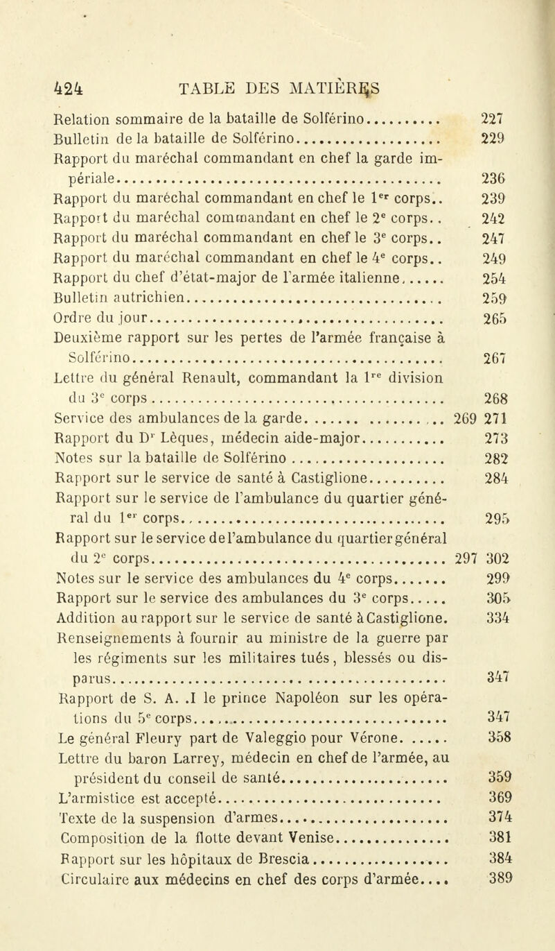 Relation sommaire de la bataille de Solférino 227 Bulletin de la bataille de Solférino 229 Rapport du maréchal commandant en chef la garde im- périale 236 Rapport du maréchal commandant en chef le 1er corps.. 230 Rapport du maréchal commandant en chef le 2e corps.. 242 Rapport du maréchal commandant en chef le 3e corps.. 247 Rapport du maréchal commandant en chef le 4e corps.. 249 Rapport du chef d'état-major de l'armée italienne 254 Bulletin autrichien 259 Ordre du jour , 265 Deuxième rapport sur les pertes de l'armée française à Solférino 267 Lettre du général Renault, commandant la lre division du 3e corps 268 Service des ambulances de la garde ,.. 269 271 Rapport du D1 Lèques, médecin aide-major 273 Notes sur la bataille de Solférino 282 Rapport sur le service de santé à Castiglione 284 Rapport sur le service de l'ambulance du quartier géné- ral du 1er corps 295 Rapport sur le service de l'ambulance du quartier général du 2e corps 297 302 Notes sur le service des ambulances du 4e corps 299 Rapport sur le service des ambulances du 3e corps 305 Addition au rapport sur le service de santé à Castiglione. 334 Renseignements à fournir au ministre de la guerre par les régiments sur les militaires tués, blessés ou dis- parus 347 Rapport de S. A. .1 le prince Napoléon sur les opéra- tions du 5e corps. 347 Le général Fleury part de Valeggio pour Vérone 358 Lettre du baron Larrey, médecin en chef de l'armée, au président du conseil de santé 359 L'armistice est accepté 369 Texte de la suspension d'armes 374 Composition de la flotte devant Venise 381 Rapport sur les hôpitaux de Brescia 384 Circulaire aux médecins en chef des corps d'armée.... 389
