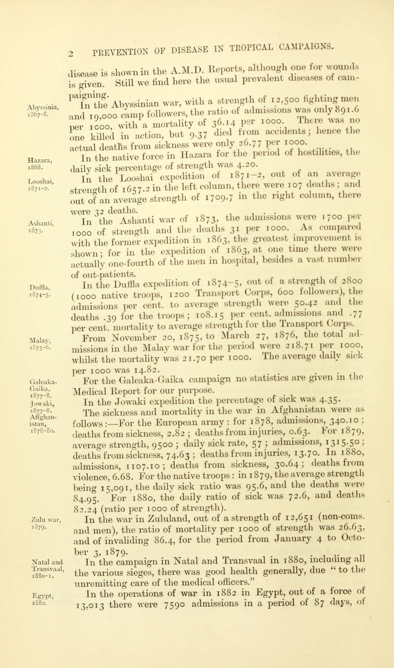 le disease is shown in the A.M.D. Reports, although one for wounds t given Still we find here the usual prevalent diseases of cam- PTafe Abyssinian war, with a strength of 12.500 fighting men ancl 10,000 camp followers, the ratio of adm.ssions was only 891.6 per coo, with a mortality of 36.14 P« .000 There was no one killed in action, but 9-37 accidents; hence the actual deaths from sickness were only 26.77 per 1000. In the native force in Hazara for the period of hostilities, tl daily sick percentage of strength was 4.20. In the Looshai expedition of 1871-2, out of an avei . strength of 1657.2 in the left column, there were 107 deaths . and onto! an average strength of i7°9-7 m the right column, there were X2 deaths. . . In the Ashanti war of 1873, the admissions were 1700 per 1000 of strength and the deaths 31 per 1000. As compared with the former expedition in 1863, the greatest improvement ls shown- for in the expedition of 1863, at one time there were actually one-fourth of the men in hospital, besides a vast number of out-patients. „ . ,, , Q In the Duma expedition of 1874-5, <™t of a strength of 2800 (1000 native troops, 1200 Transport Corps, 600 followers), the admissions per cent, to average strength were 50.42 and the deaths .39 for the troops; 108.15 per cent, admissions and .77 per cent, mortality to average strength for the Transport Corps. From November 20, 1875, to March 27, 1876, the total ad- missions in the Malay war for the period were 218.71 per 1000. whilst the mortality was 21.70 per 1000. The average daily sick per 1000 was 14.82. t , For the Galeaka-Gaika campaign no statistics are given m the Medical Report for our purpose. In the Jowaki expedition the percentage of sick was 4-35- The sickness and mortality in the war in Afghanistan were as follows :—For the European army : for 1878, admissions, 340.1 o ; deaths from sickness, 2.82 ; deaths from injuries, 0.63. For 1879, average strength, 9500 ; daily sick rate, 57 ; admissions, 1315.50 5 deaths from sickness, 74.63 ; deaths from injuries, 13.70. In 1880, admissions, 1107.10; deaths from sickness, 30.64; deaths from violence, 6.68. For the native troops : in 1879, the average strength being 15,091, the daily sick ratio was 95.6, and the deaths were 84.95. For i88o>the dailyratio of sick was 72'6'and deaths 82.24 (ratio per 1000 of strength). In the war in Zululand, out of a strength of 12,651 (non-coms, and men), the ratio of mortality per 1000 of strength was 26.63, and of invaliding 86.4, for the period from January 4 to Octo- ber 3, 1879. In the campaign in Natal and Transvaal in 1880, including all the various sieges, there was good health generally, due  to the unremitting care of the medical officers. In the operations of war in 1882 in Egypt, out of a force of 13,013 there were 7590 admissions in a period of 87 days, of