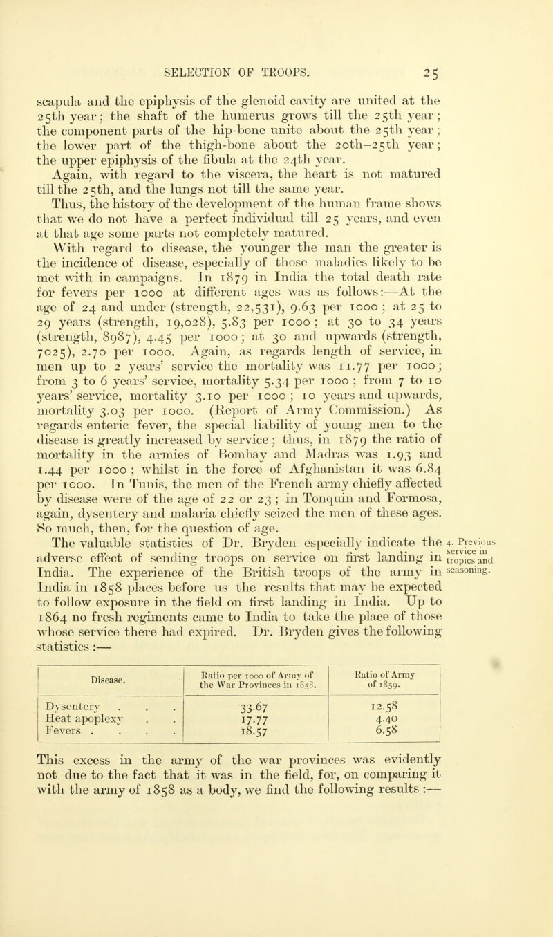 scapula and the epiphysis of the glenoid cavity are united at the 25th year; the shaft of the humerus grows till the 25th year; the component parts of the hip-bone unite about the 25th year; the lower part of the thigh-bone about the 2oth-25th year; the upper epiphysis of the fibula at the 24th year. Again, with regard to the viscera, the heart is not matured till the 25th, and the lungs not till the same year. Thus, the history of the development of the human frame shows that we do not have a perfect individual till 25 years, and even at that age some parts not completely matured. With regard to disease, the younger the man the greater is the incidence of disease, especially of those maladies likely to be met with in campaigns. In 1879 in India the total death rate for fevers per 1000 at different ages was as follows:—At the age of 24 and under (strength, 22,531), 9.63 per 1000 ; at 25 to 29 years (strength, 19,028), 5.83 per 1000 ; at 30 to 34 years (strength, 8987), 4.45 per 1000; at 30 and upwards (strength, 7025), 2.70 per 1000. Again, as regards length of service, in men up to 2 years' service the mortality was 11.77 Per 1000; from 3 to 6 years' service, mortality 5.34 per 1000 ; from 7 to 10 years'service, mortality 3.10 per 1000; 10 years and upwards, mortality 3.03 per 1000. (Report of Army Commission.) As regards enteric fever, the special liability of young men to the disease is greatly increased by service; thus, in 1879 the ratio of mortality in the armies of Bombay and Madras was 1.93 and 1.44 per 1000; whilst in the force of Afghanistan it was 6.84 per 1000. In Tunis, the men of the French army chiefly affected by disease were of the age of 2 2 or 2 3; in Tonquin and Formosa, again,, dysentery and malaria chiefly seized the men of these ages. So much, then, for the question of age. The valuable statistics of Dr. Bryden especially indicate the 4- Previous adverse effect of sending troops on service on first landing in tropics and India, The experience of the British troops of the army in seasoning. India in 1858 places before us the results that may be expected to follow exposure in the field on first landing in India. Up to 1864 no fresh regiments came to India to take the place of those whose service there had expired. Dr. Bryden gives the following statistics:— Disease. Ratio per iooo of Army of the War Provinces in 1858. Eatio of Army of 1859. Dysenteiy Heat apoplexy Fevers .... 33-67 17.77 18.57 12.58 4.40 6.58 This excess in the army of the war provinces was evidently not due to the fact that it was in the field, for, on comparing it with the army of 1858 as a body, we find the following results :—