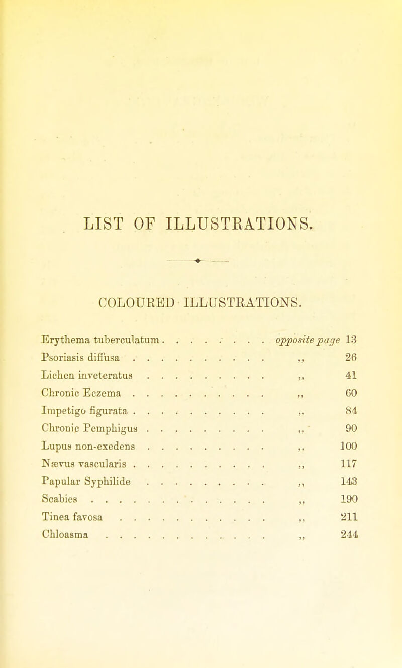 LIST OF ILLUSTRATIONS. COLOURED ILLUSTRATIONS. Erythema tuberculatum opposite page 13 Psoriasis diffusa ,, 26 Lichen inveteratus „ 41 Chronic Eczema „ 60 Impetigo figurata ,. 84 Chronic Pemphigus „  90 Lupus non-exedens ,, 100 Nffivus vascularis ,, 117 Papular Syphilide ,, 143 Scabies „ 190 Tinea favosa ,, 211 Chloasma „ 244